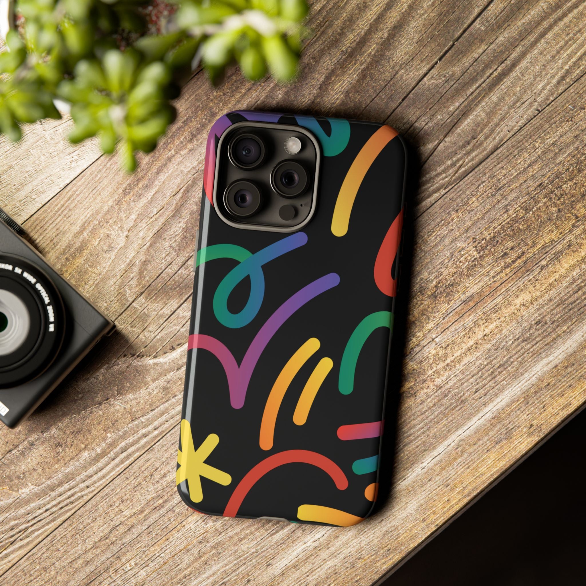 Colorful Doodle Tough Phone Case — Black Background Protective Cover