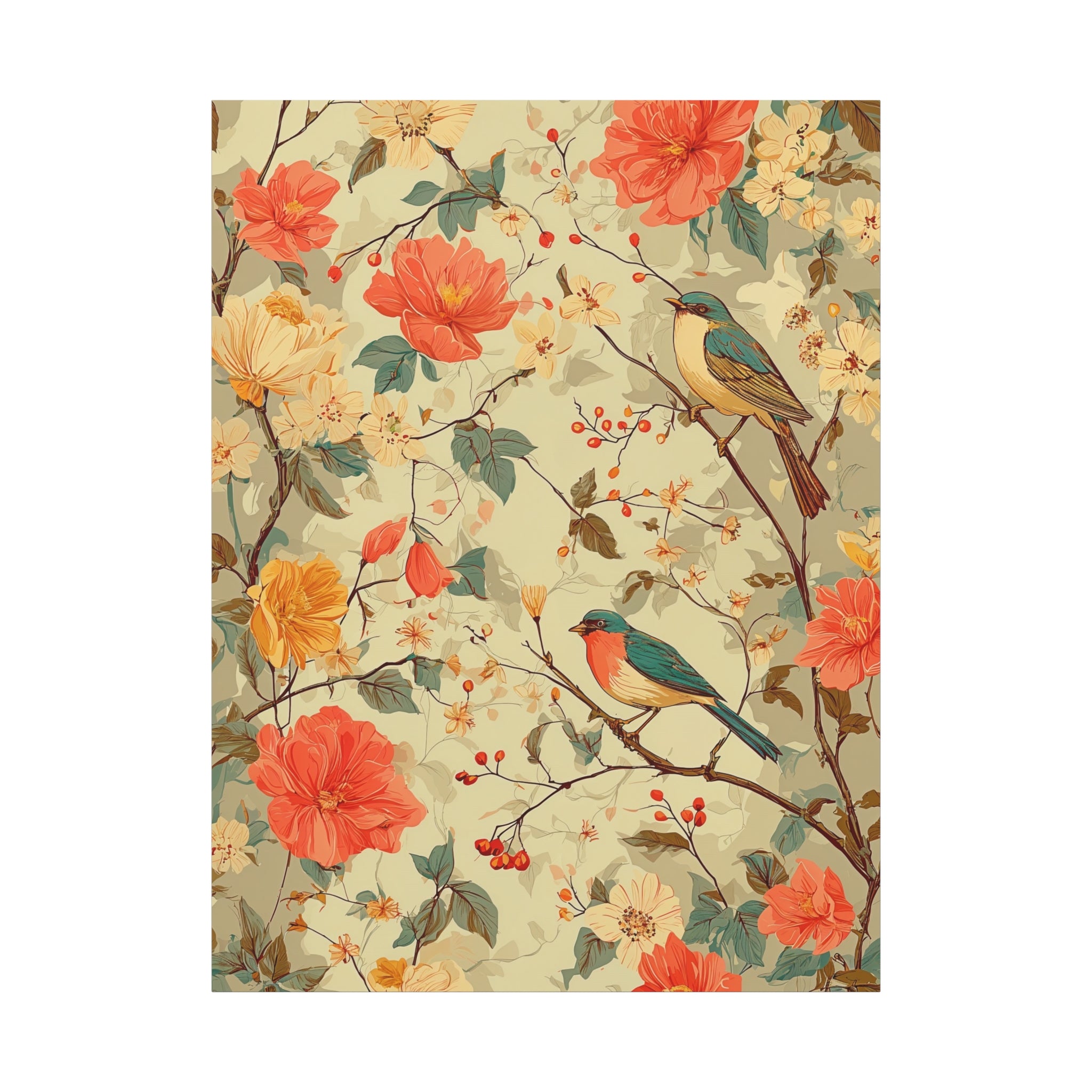 Floral Bird Matte Stretched Canvas – Vintage Botanical Wall Art