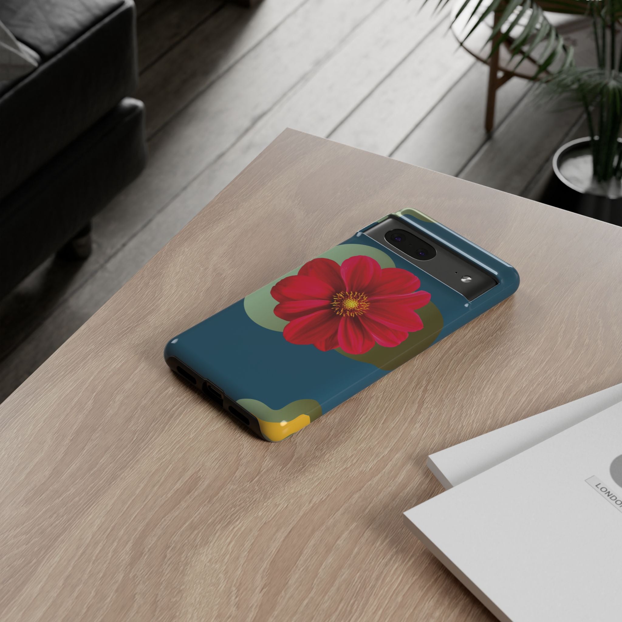 Floral Burst Tough Phone Case — Red Flower on Teal Protective Cover