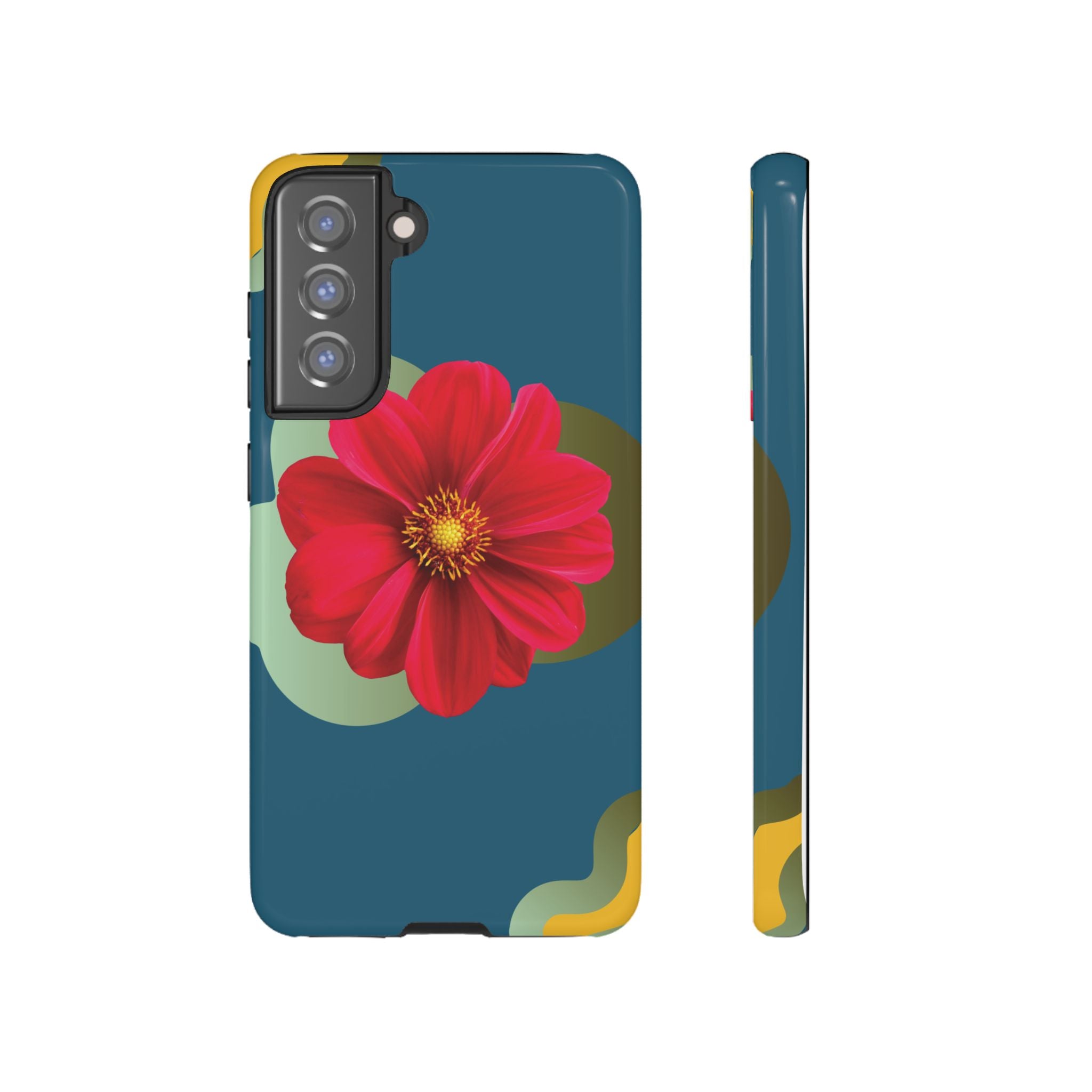 Floral Burst Tough Phone Case — Red Flower on Teal Protective Cover