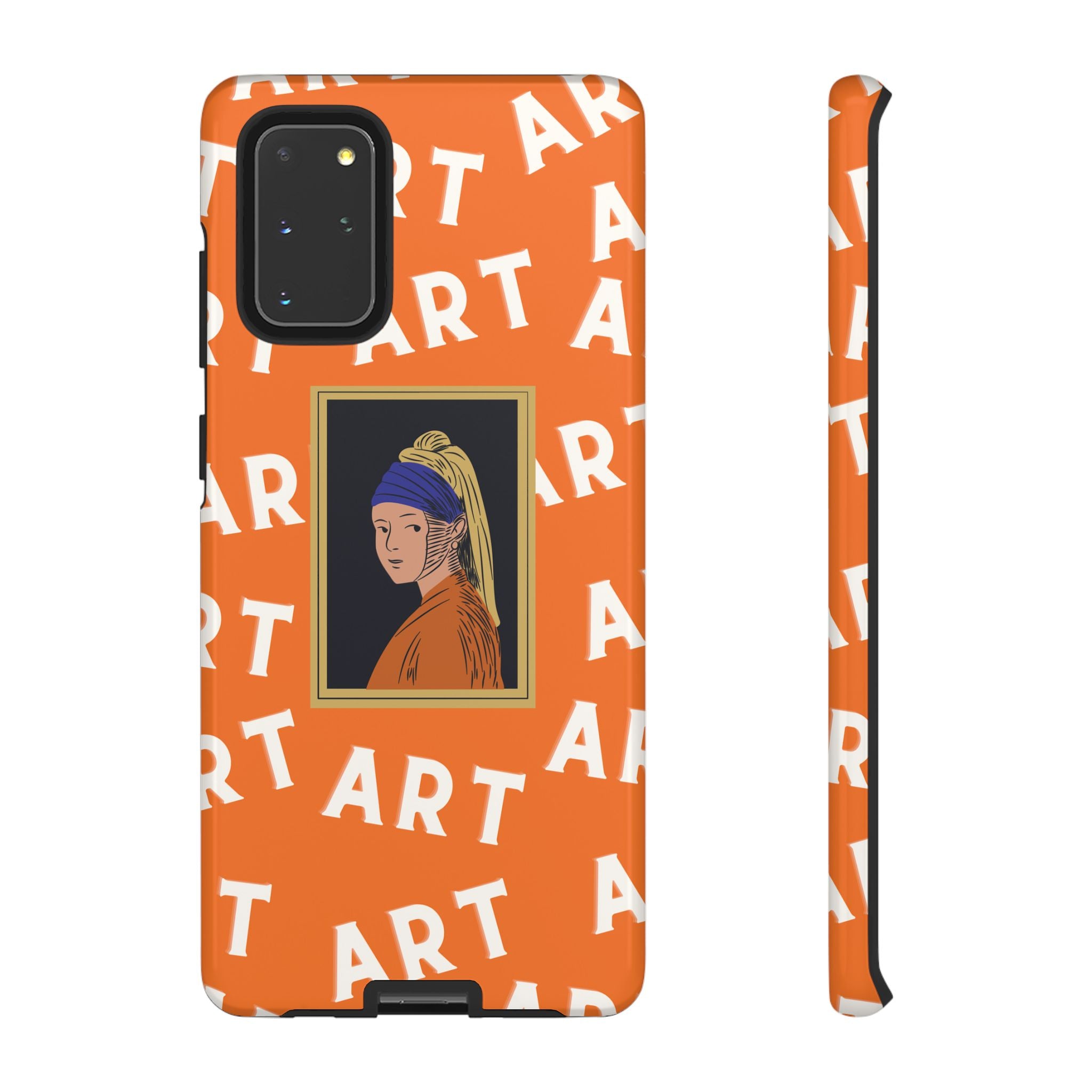 Bold Orange "ART" Pattern with Framed Girl with Pearl Earring Illustration