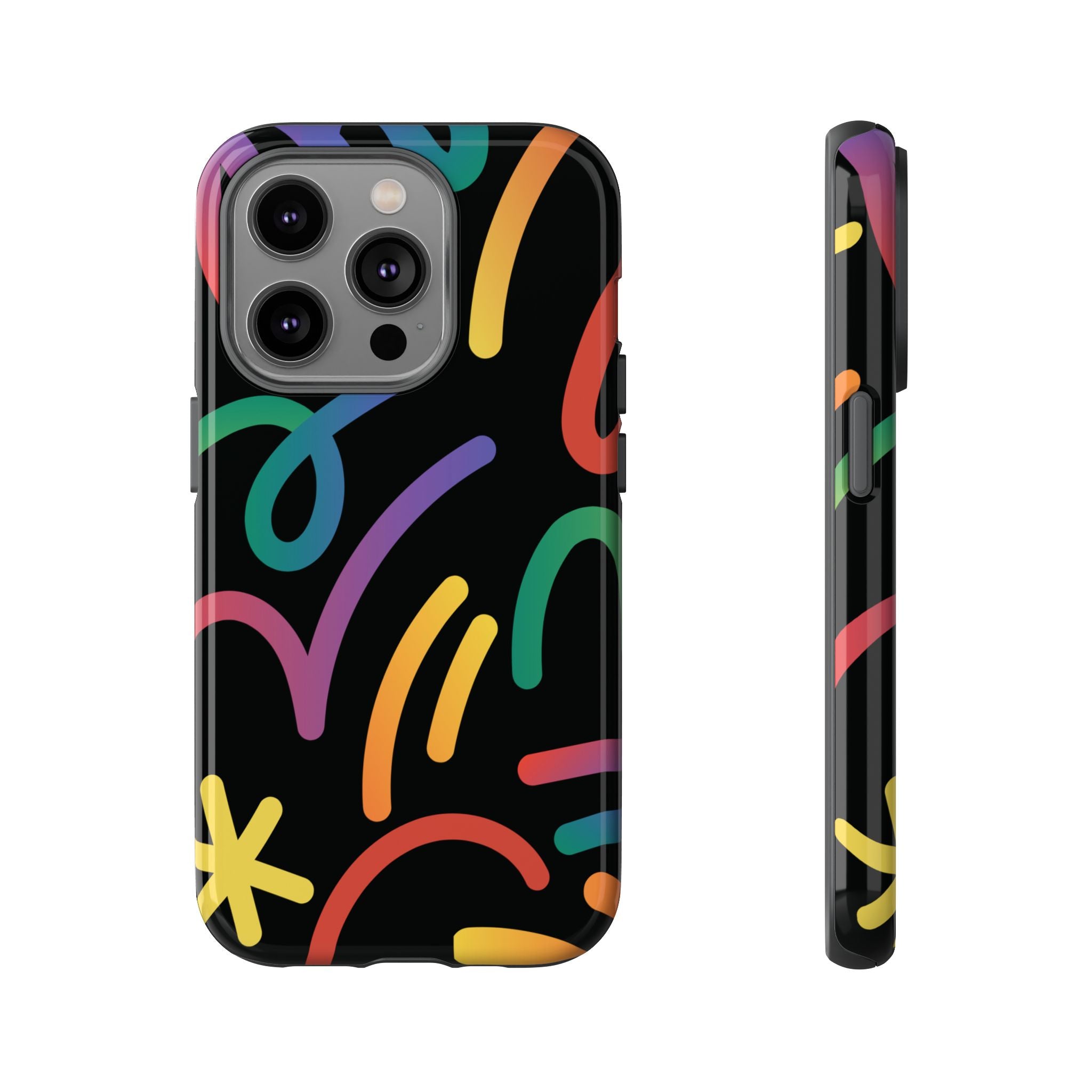 Colorful Doodle Tough Phone Case — Black Background Protective Cover