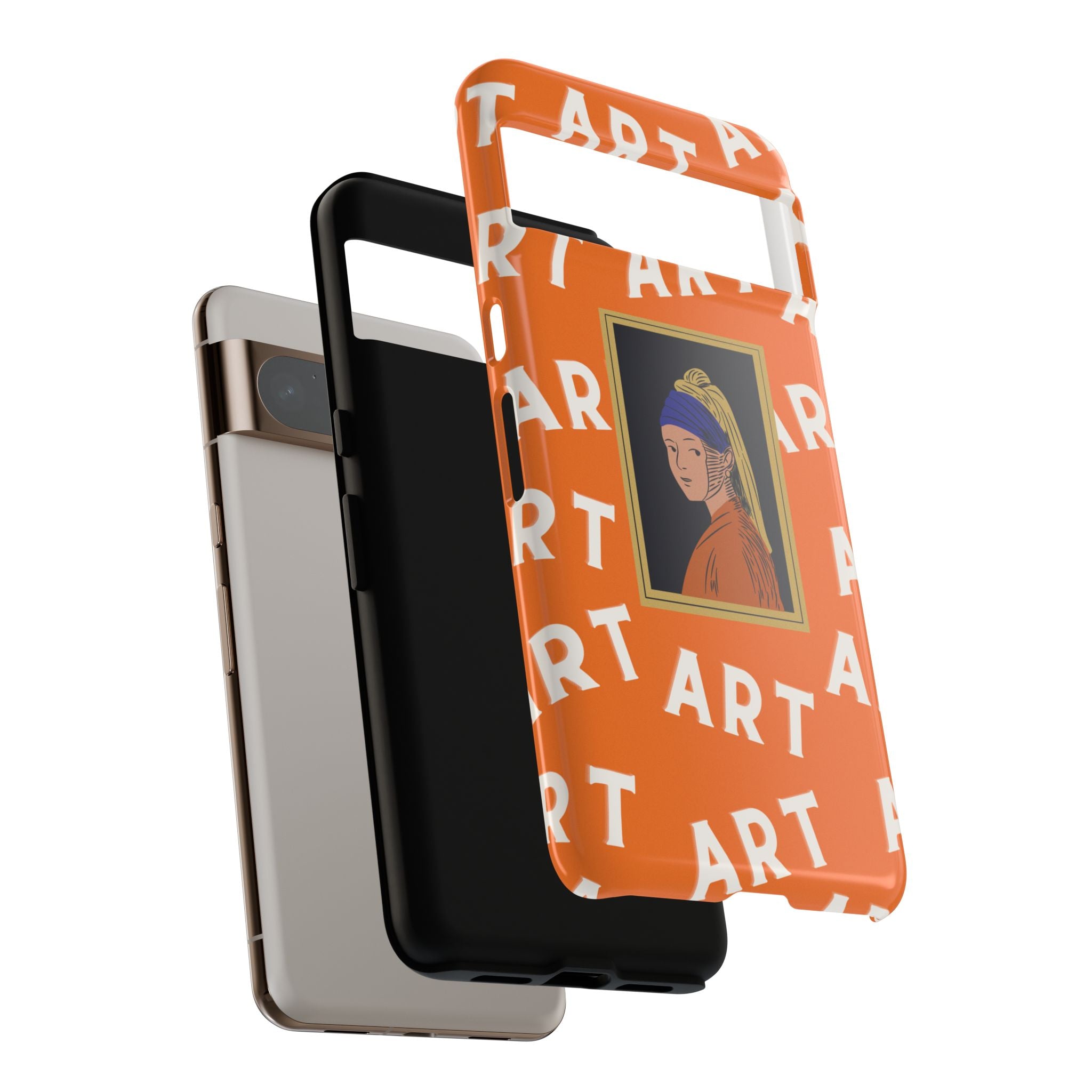 Bold Orange "ART" Pattern with Framed Girl with Pearl Earring Illustration