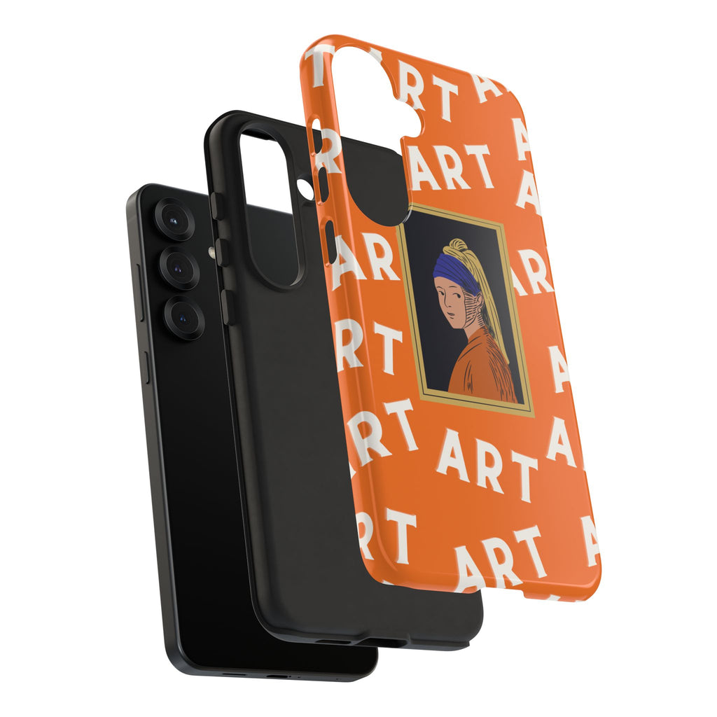 Bold Orange "ART" Pattern with Framed Girl with Pearl Earring Illustration