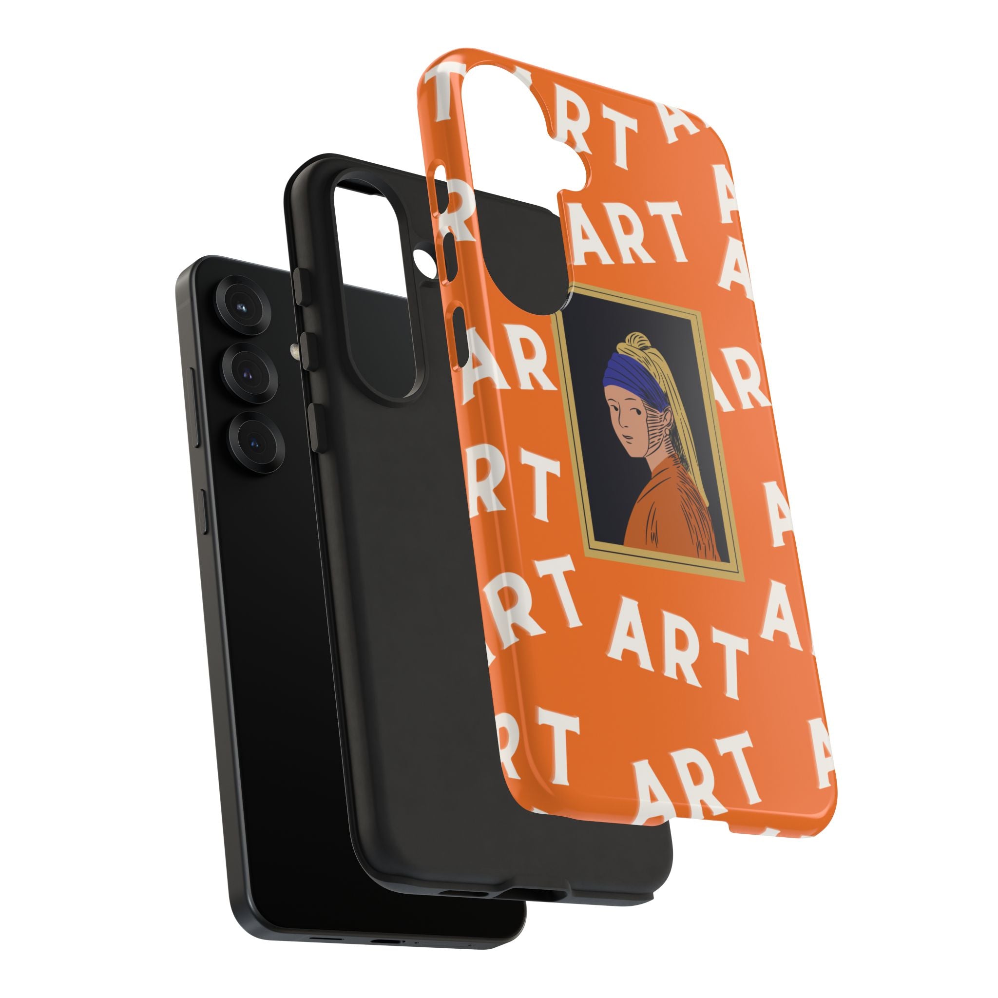 Bold Orange "ART" Pattern with Framed Girl with Pearl Earring Illustration