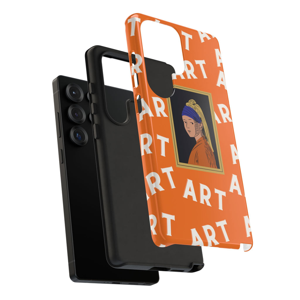 Bold Orange "ART" Pattern with Framed Girl with Pearl Earring Illustration