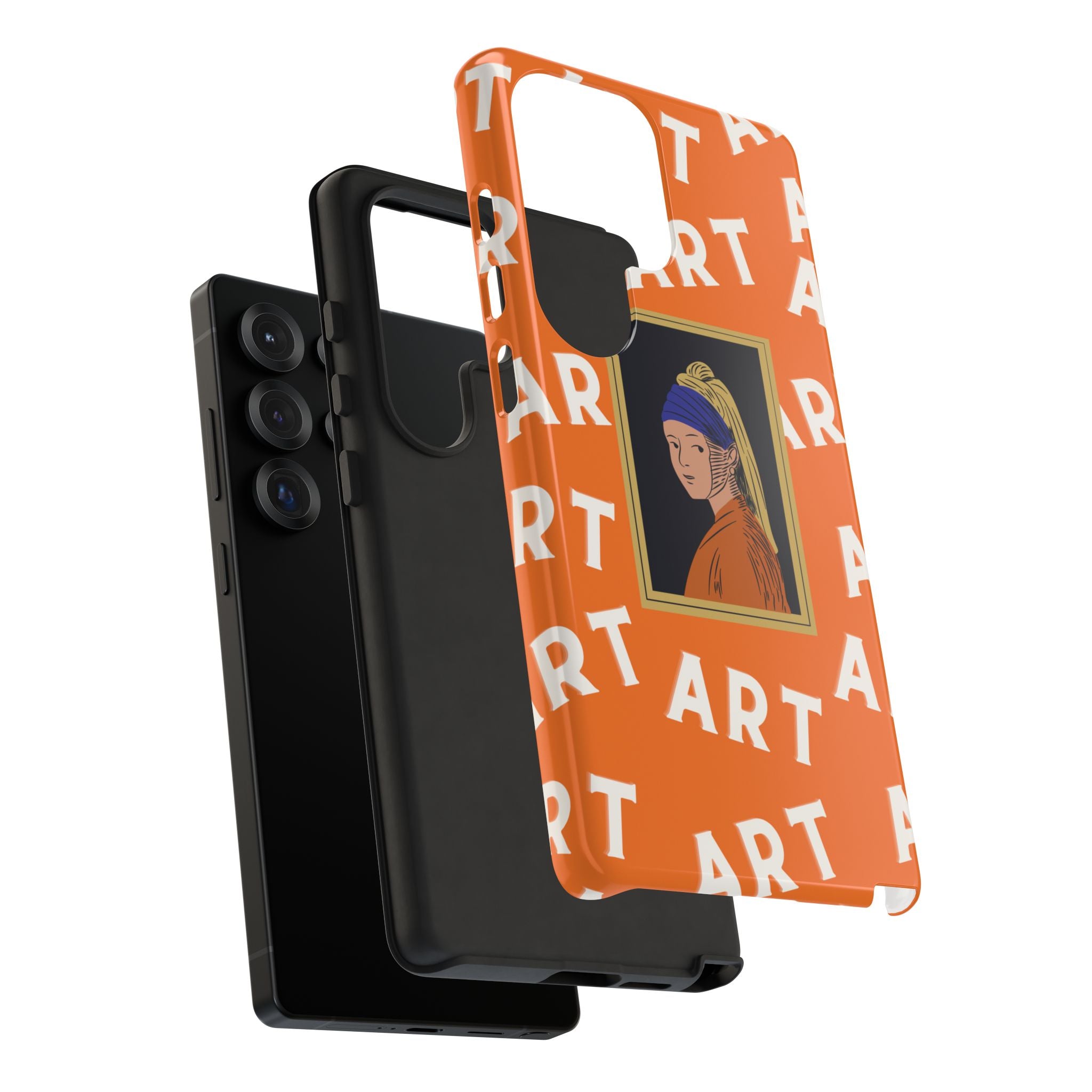 Bold Orange "ART" Pattern with Framed Girl with Pearl Earring Illustration