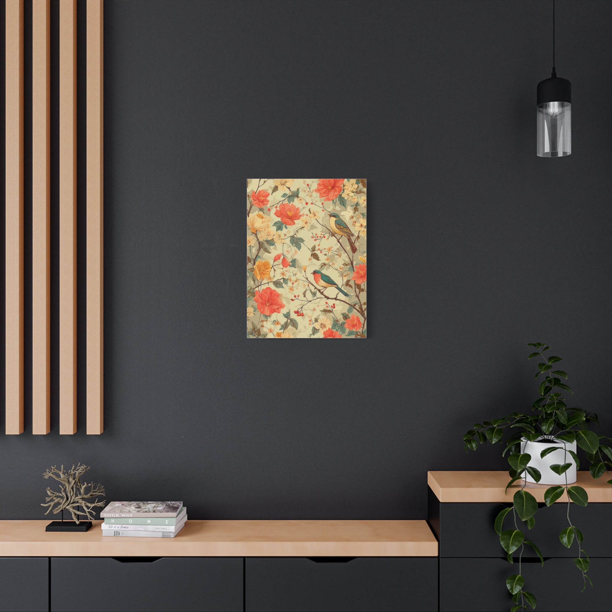 Floral Bird Matte Stretched Canvas – Vintage Botanical Wall Art
