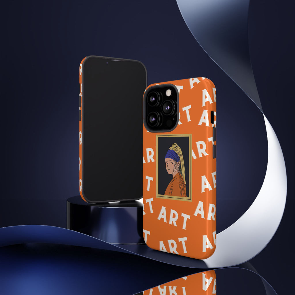 Bold Orange "ART" Pattern with Framed Girl with Pearl Earring Illustration