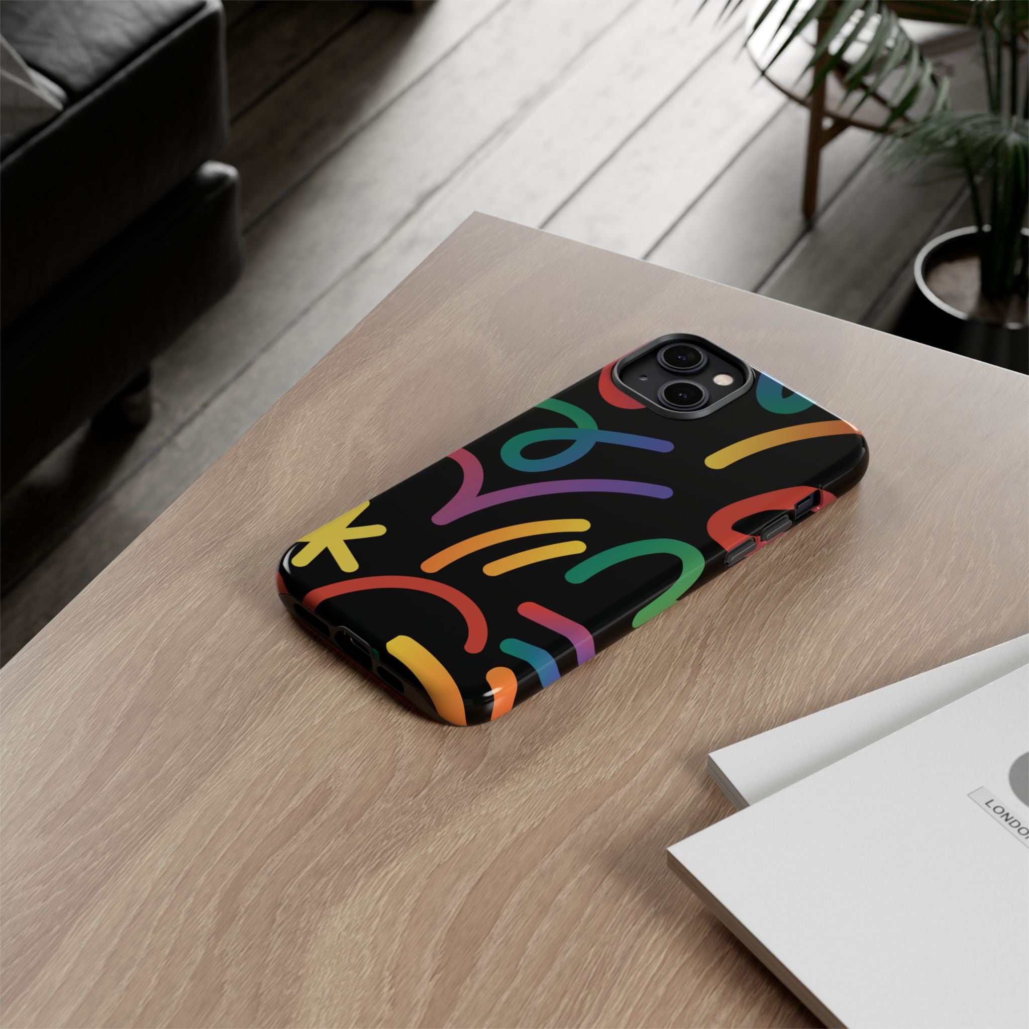 Colorful Doodle Tough Phone Case — Black Background Protective Cover