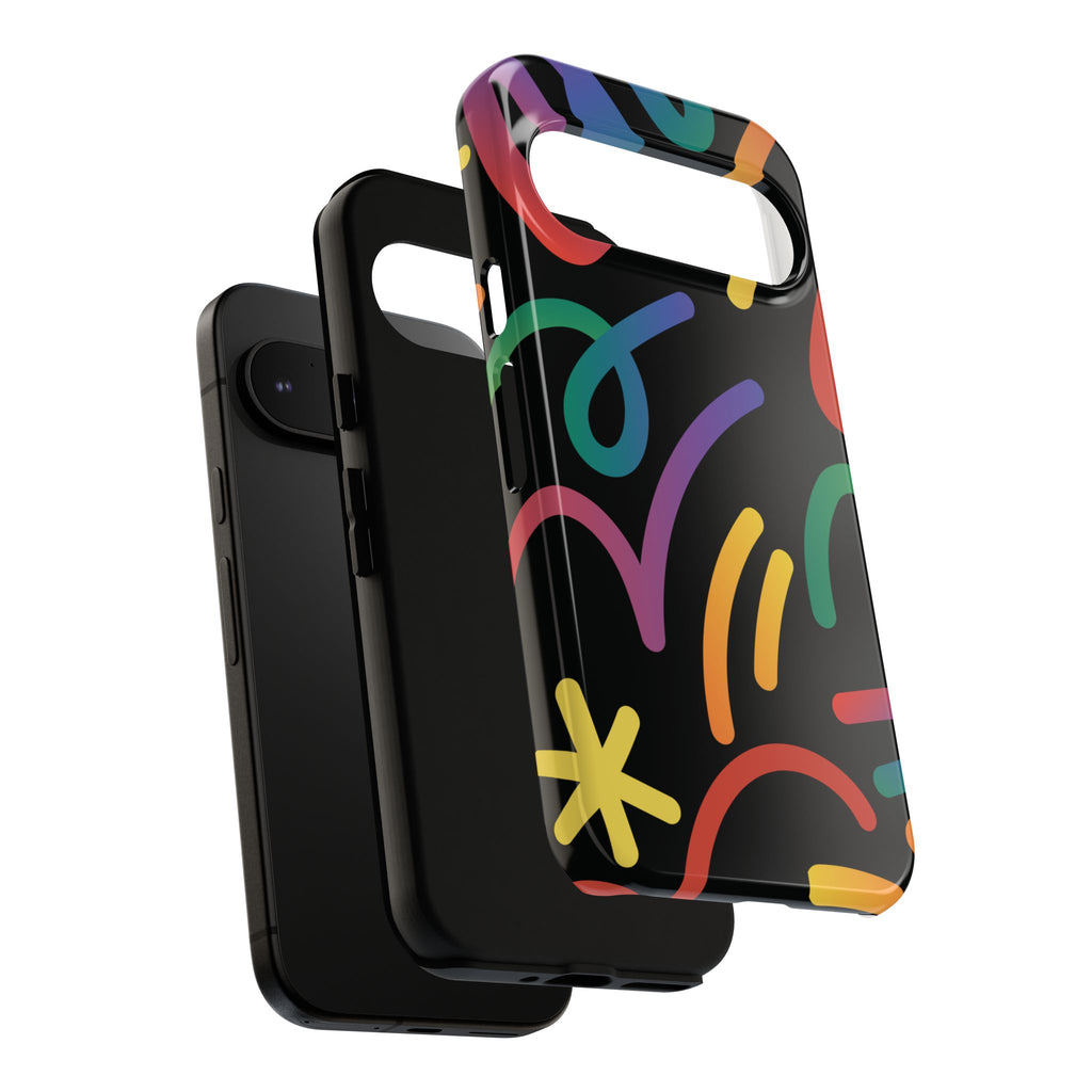 Colorful Doodle Tough Phone Case — Black Background Protective Cover