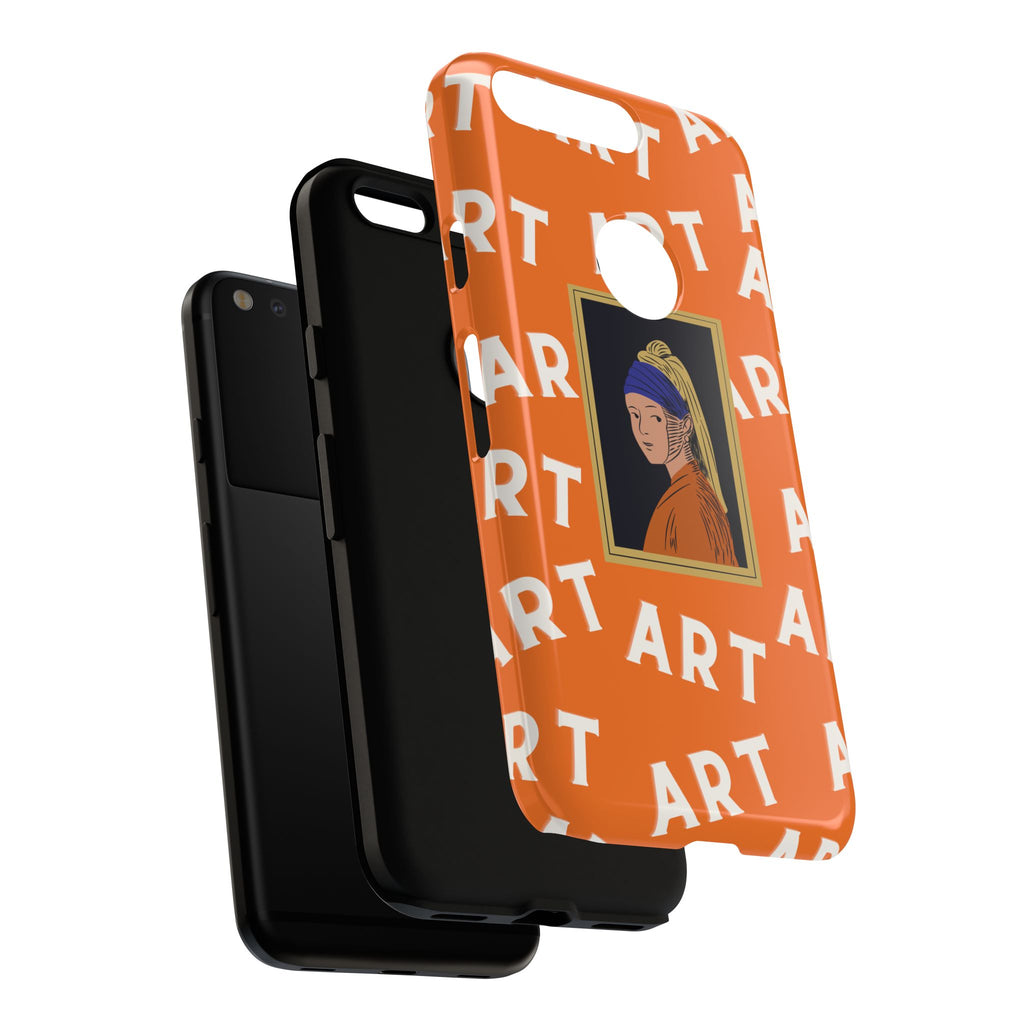 Bold Orange "ART" Pattern with Framed Girl with Pearl Earring Illustration