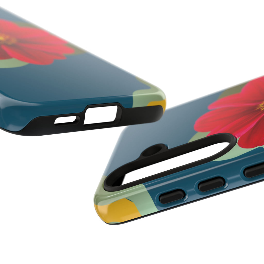 Floral Burst Tough Phone Case — Red Flower on Teal Protective Cover