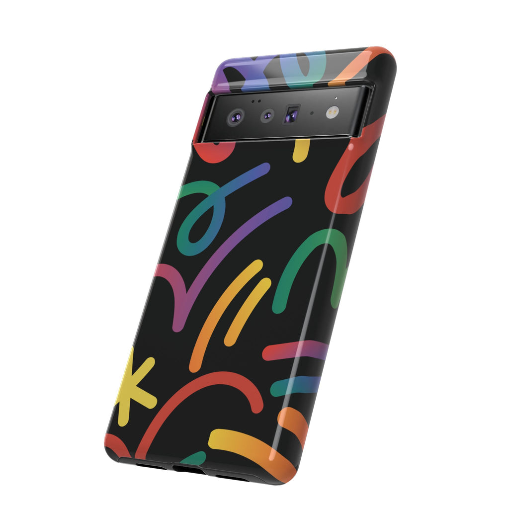 Colorful Doodle Tough Phone Case — Black Background Protective Cover