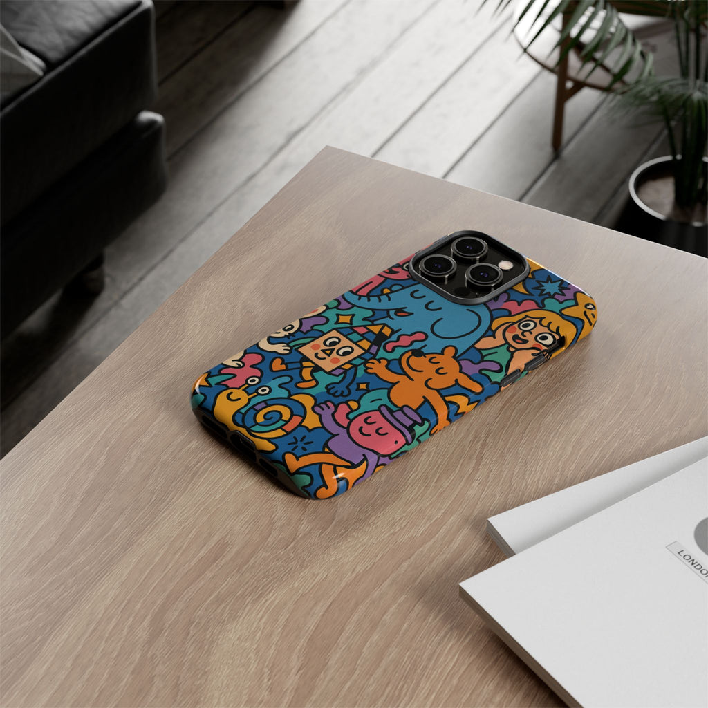Colorful Doodle Phone Case — Cute Cartoon Animals & Characters