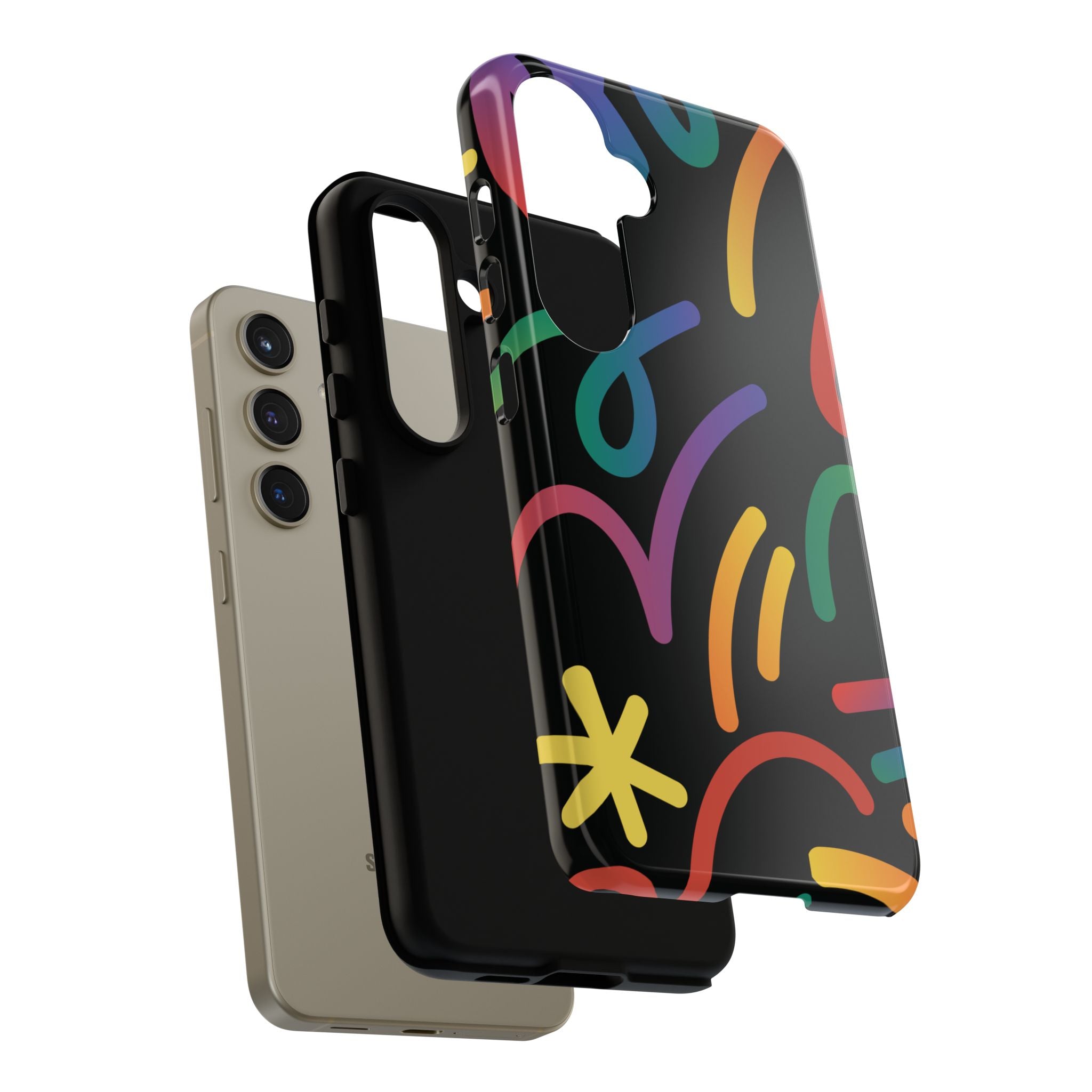 Colorful Doodle Tough Phone Case — Black Background Protective Cover