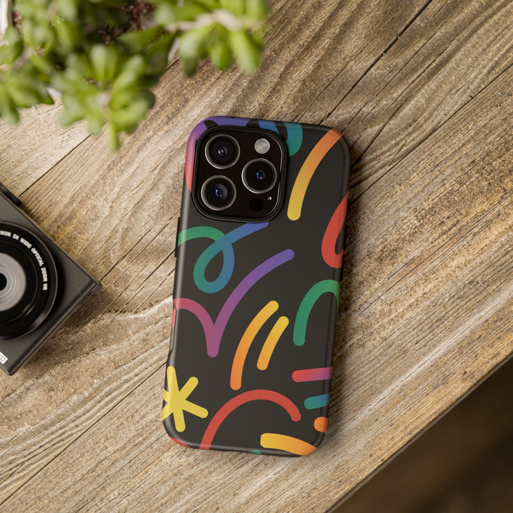 Colorful Doodle Tough Phone Case — Black Background Protective Cover