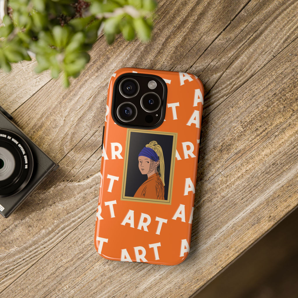 Bold Orange "ART" Pattern with Framed Girl with Pearl Earring Illustration