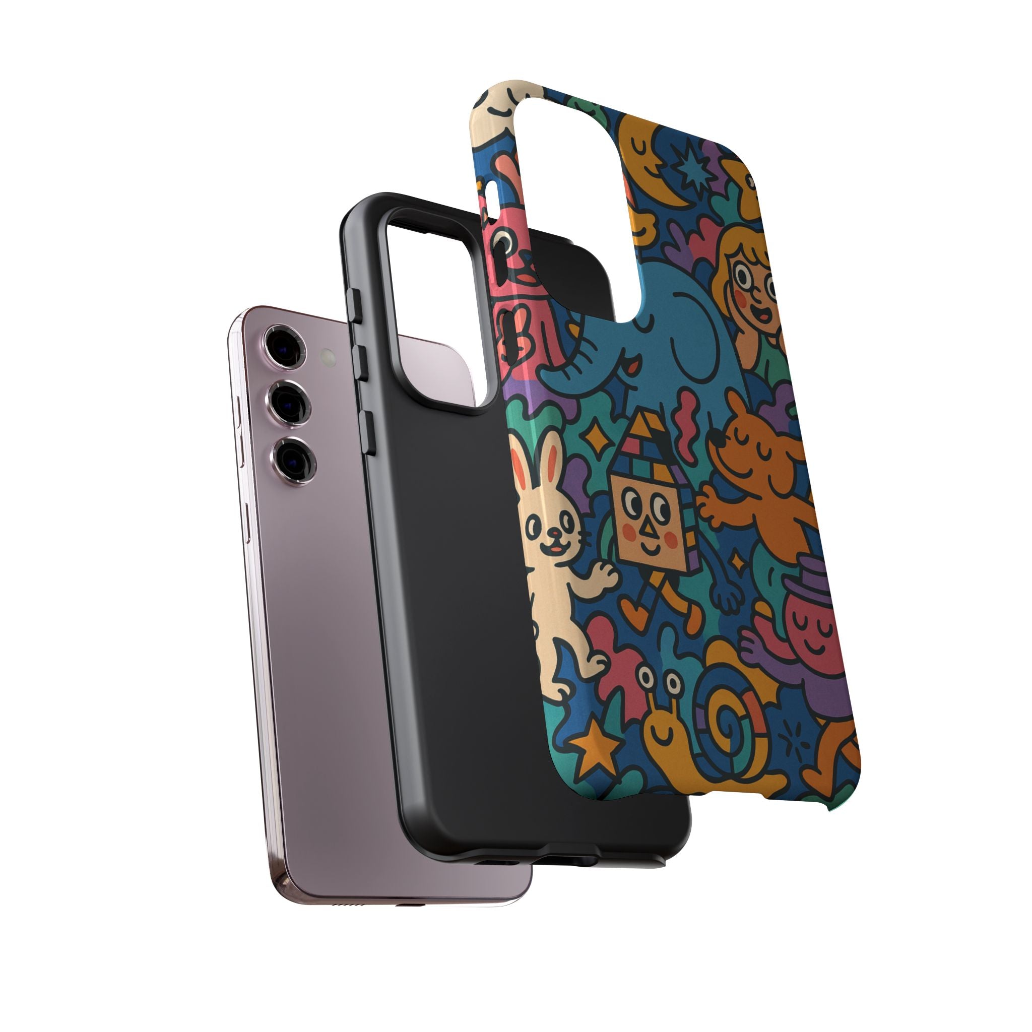 Colorful Doodle Phone Case — Cute Cartoon Animals & Characters