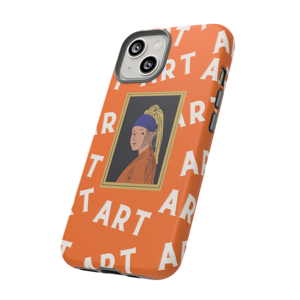 Bold Orange "ART" Pattern with Framed Girl with Pearl Earring Illustration