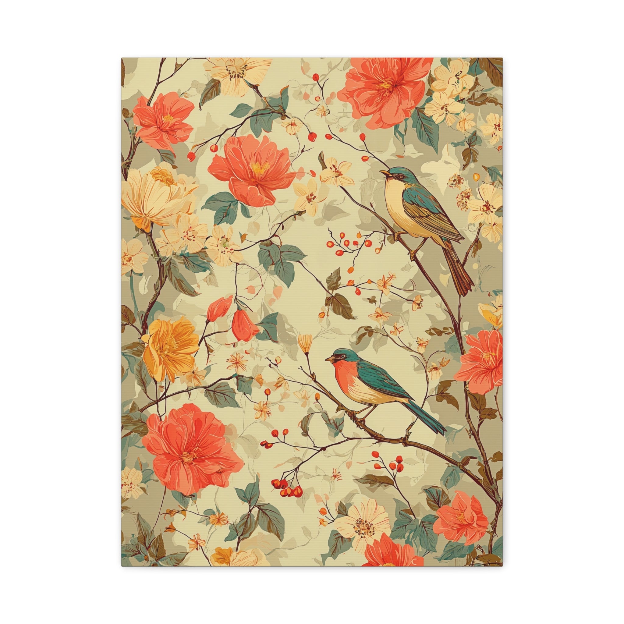 Floral Bird Matte Stretched Canvas – Vintage Botanical Wall Art