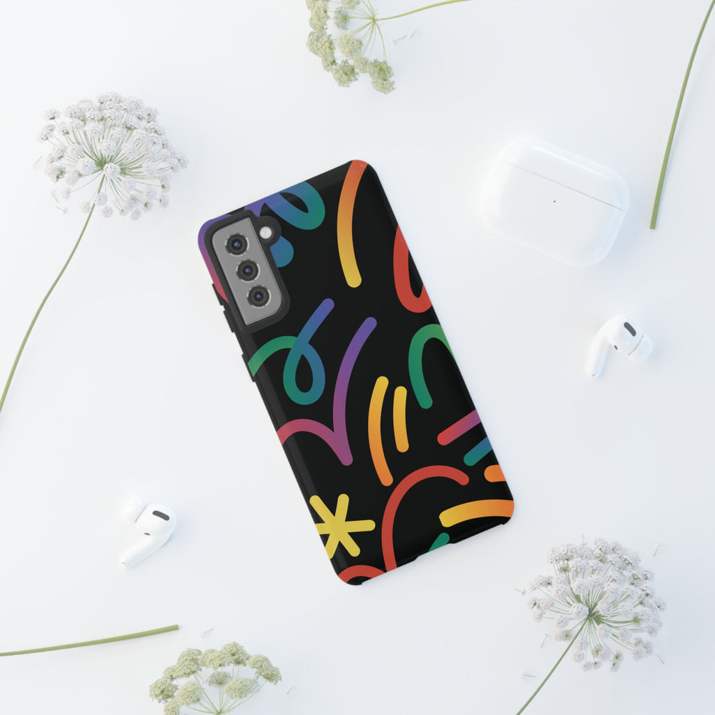 Colorful Doodle Tough Phone Case — Black Background Protective Cover