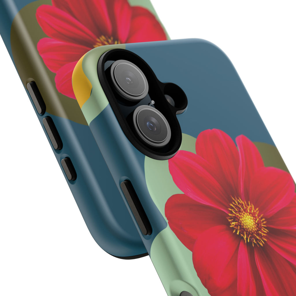 Floral Burst Tough Phone Case — Red Flower on Teal Protective Cover
