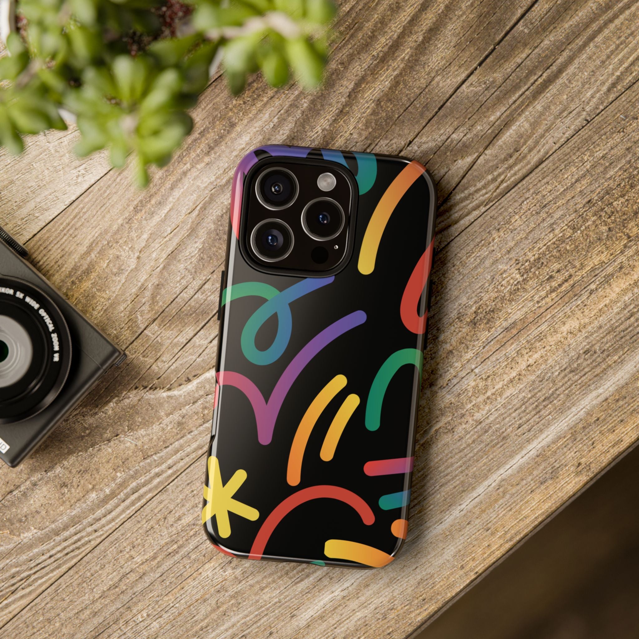 Colorful Doodle Tough Phone Case — Black Background Protective Cover
