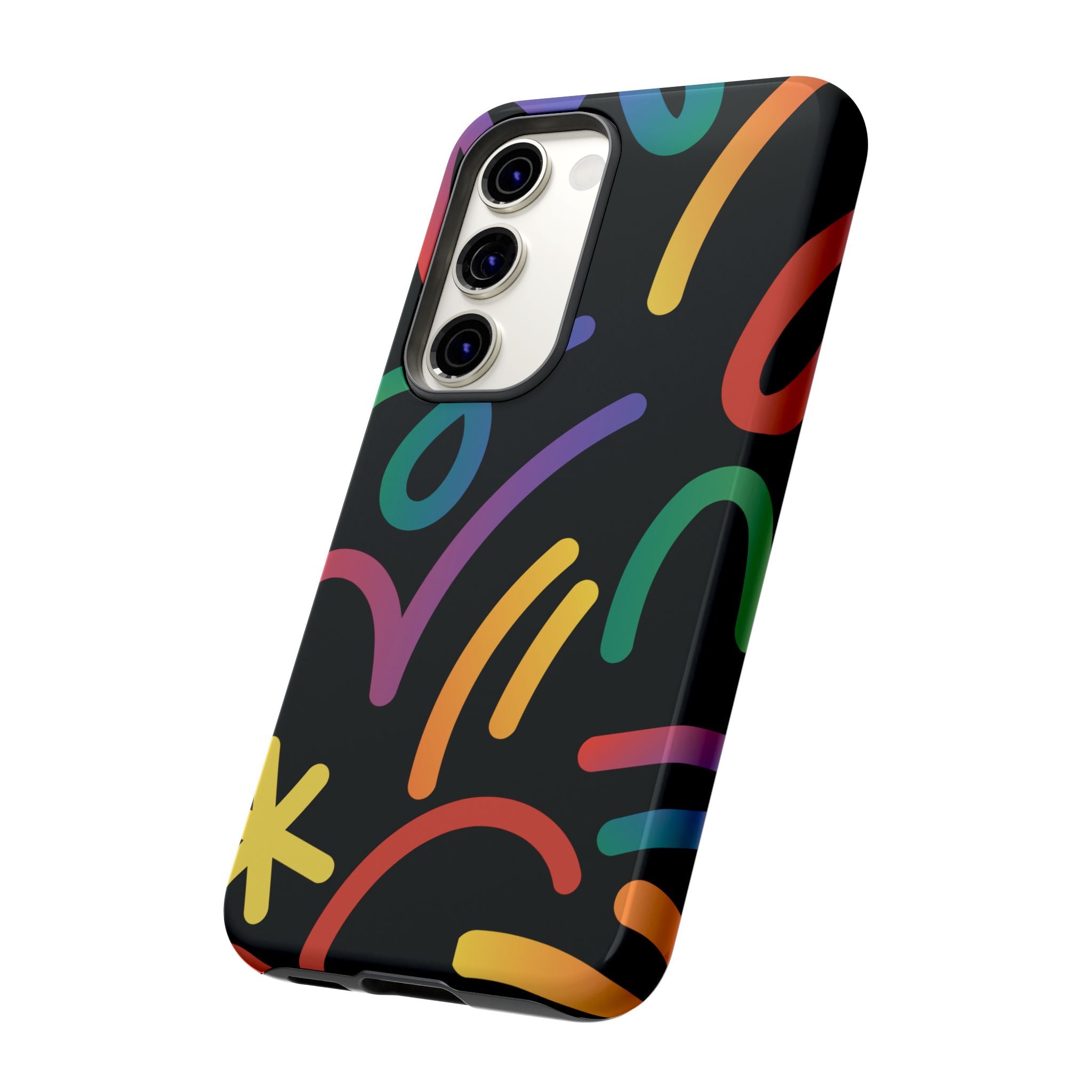 Colorful Doodle Tough Phone Case — Black Background Protective Cover