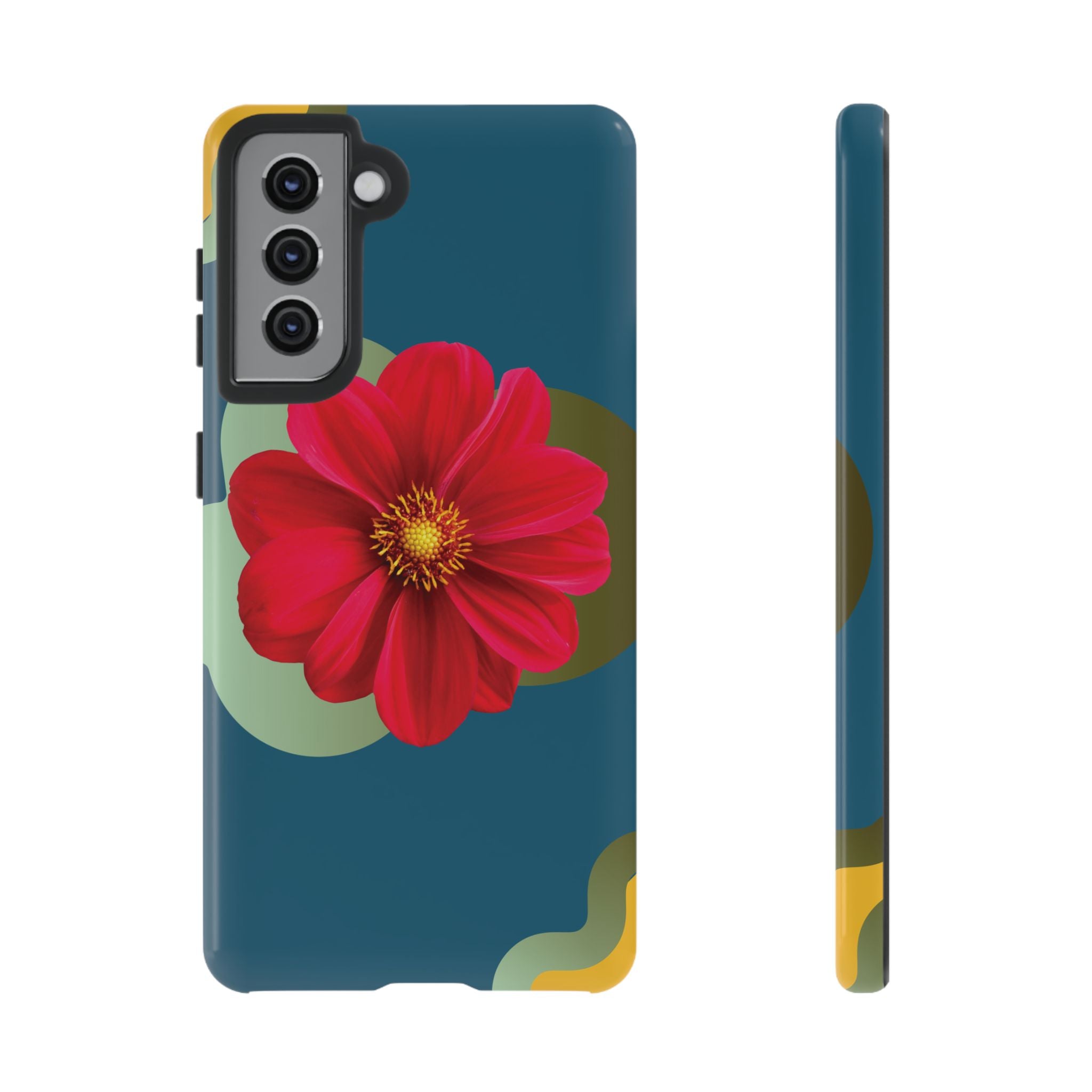 Floral Burst Tough Phone Case — Red Flower on Teal Protective Cover