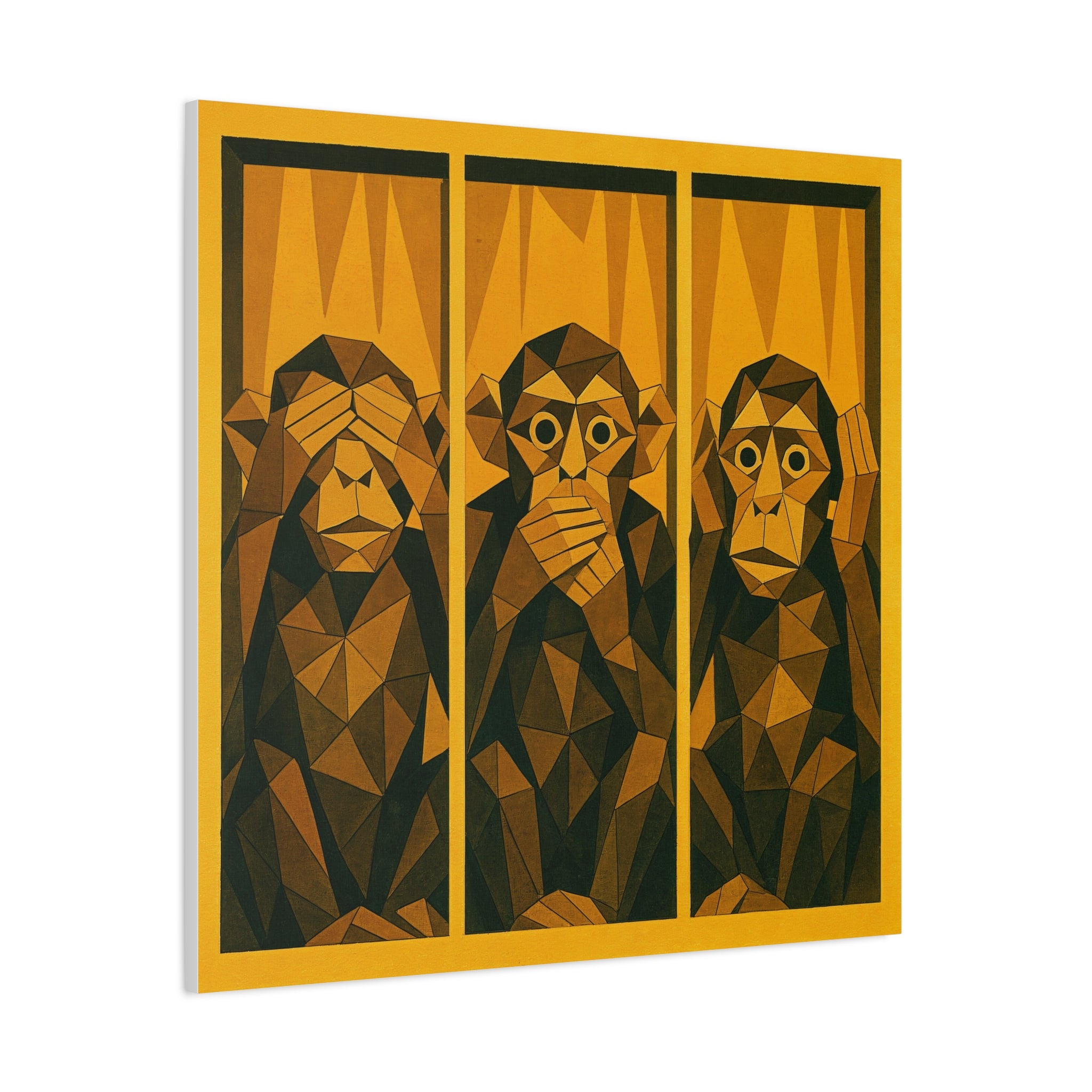 Three Wise Monkeys Matte Canvas Wall Art – Geometric Trio Stretched Print