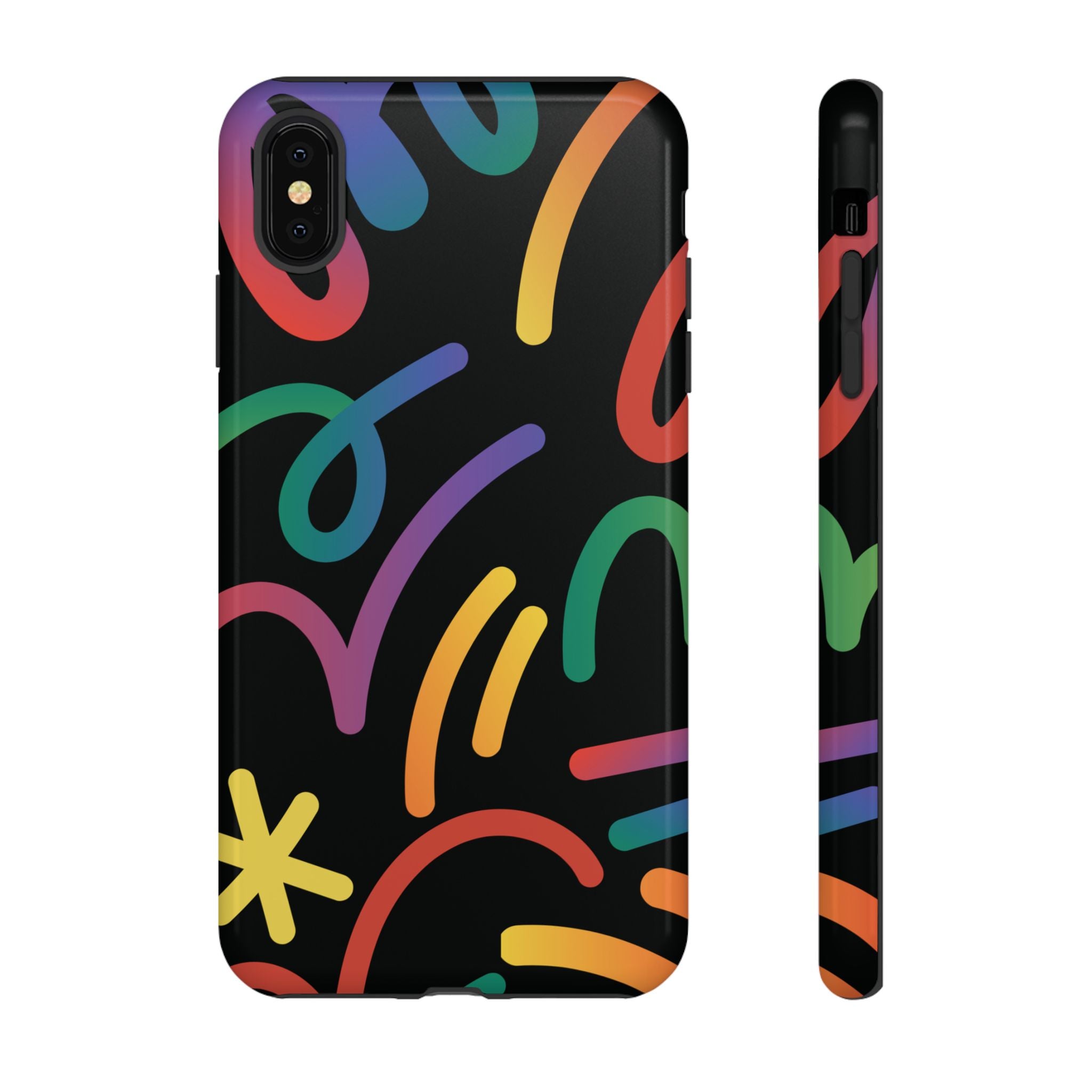 Colorful Doodle Tough Phone Case — Black Background Protective Cover