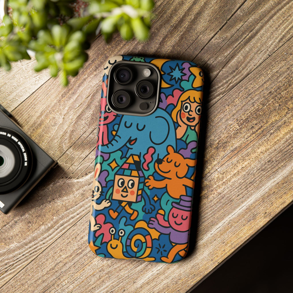 Colorful Doodle Phone Case — Cute Cartoon Animals & Characters