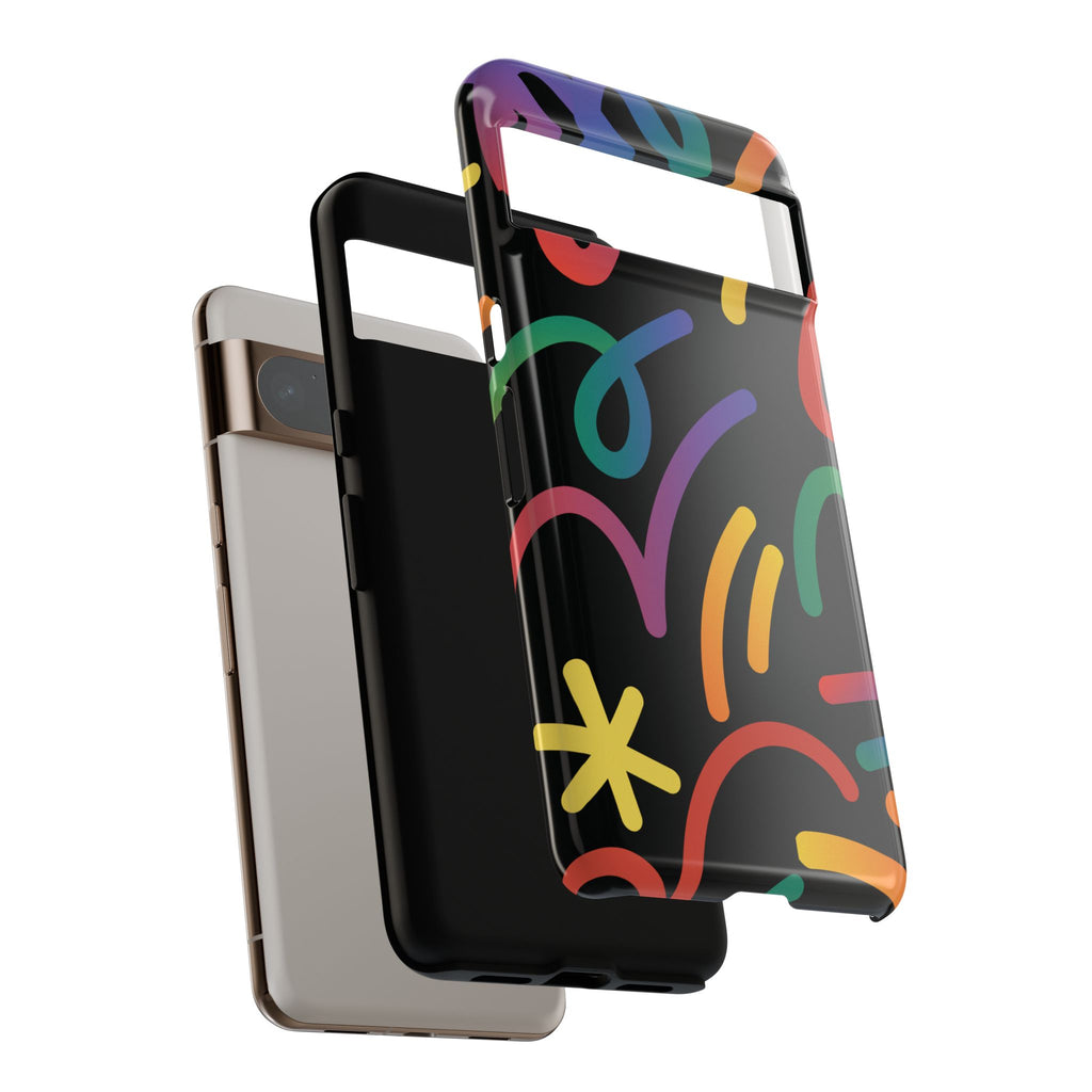 Colorful Doodle Tough Phone Case — Black Background Protective Cover