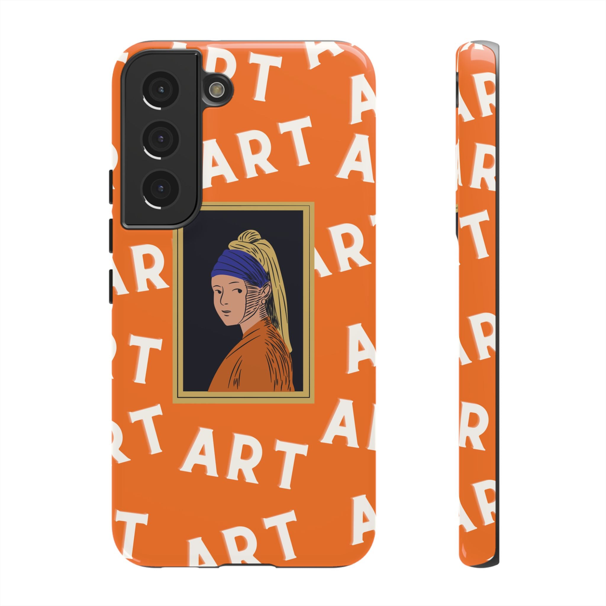 Bold Orange "ART" Pattern with Framed Girl with Pearl Earring Illustration