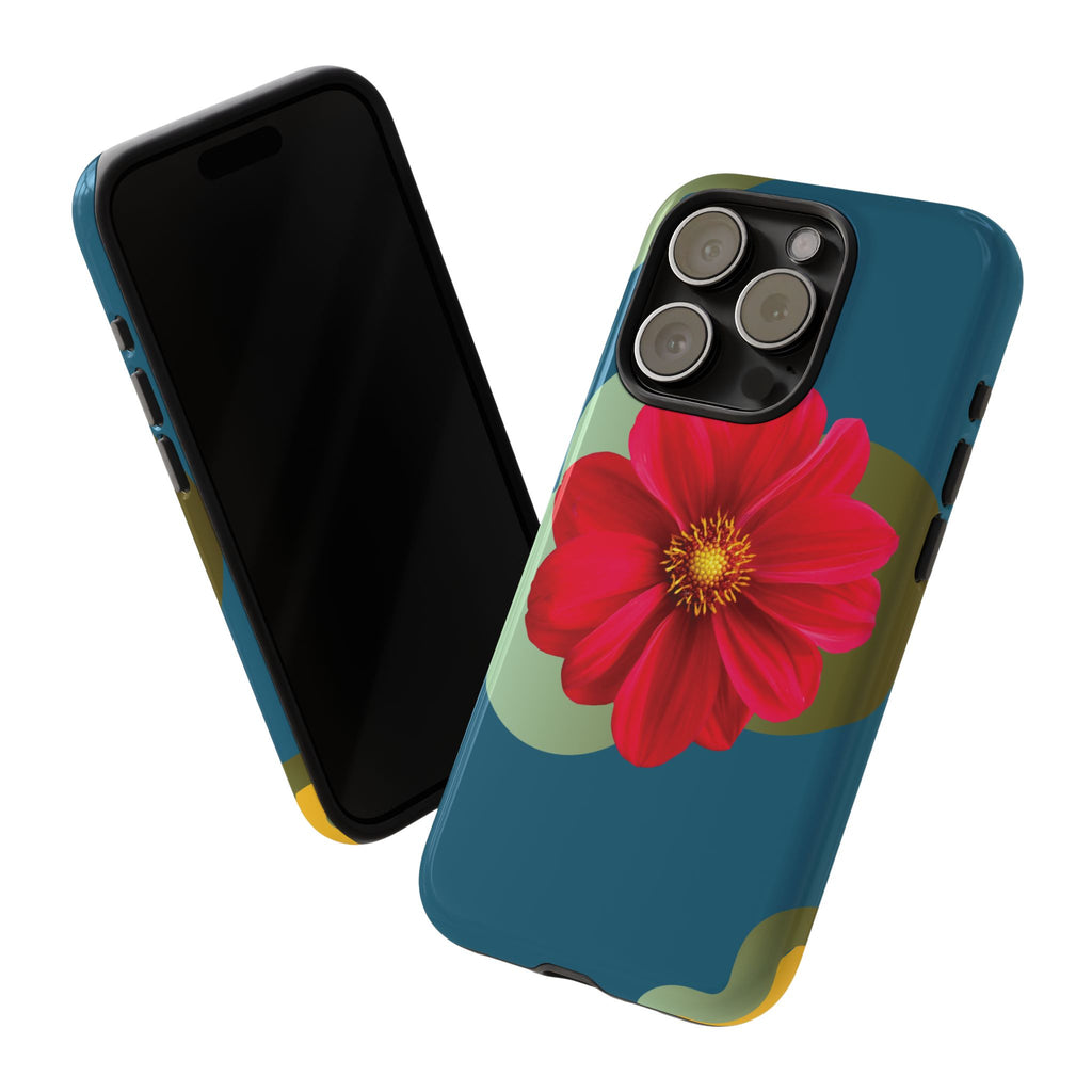 Floral Burst Tough Phone Case — Red Flower on Teal Protective Cover