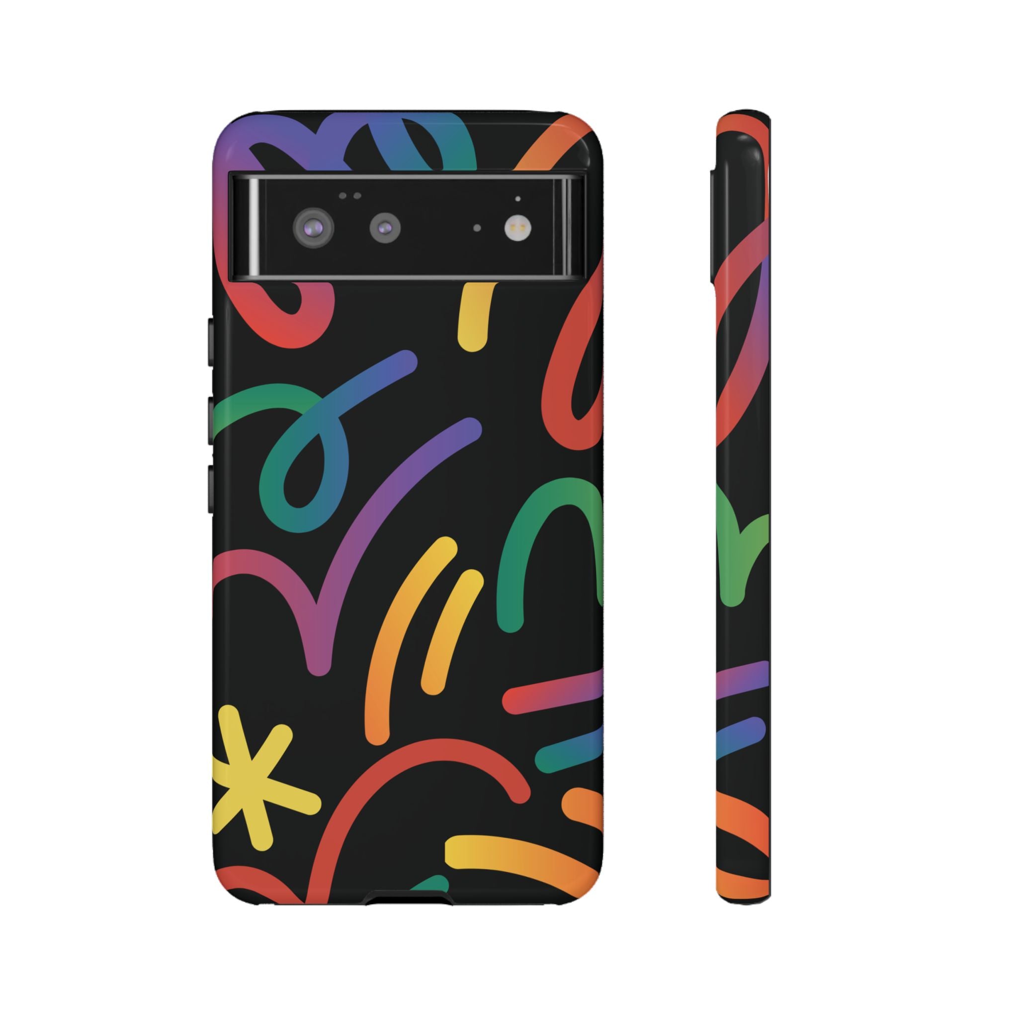 Colorful Doodle Tough Phone Case — Black Background Protective Cover