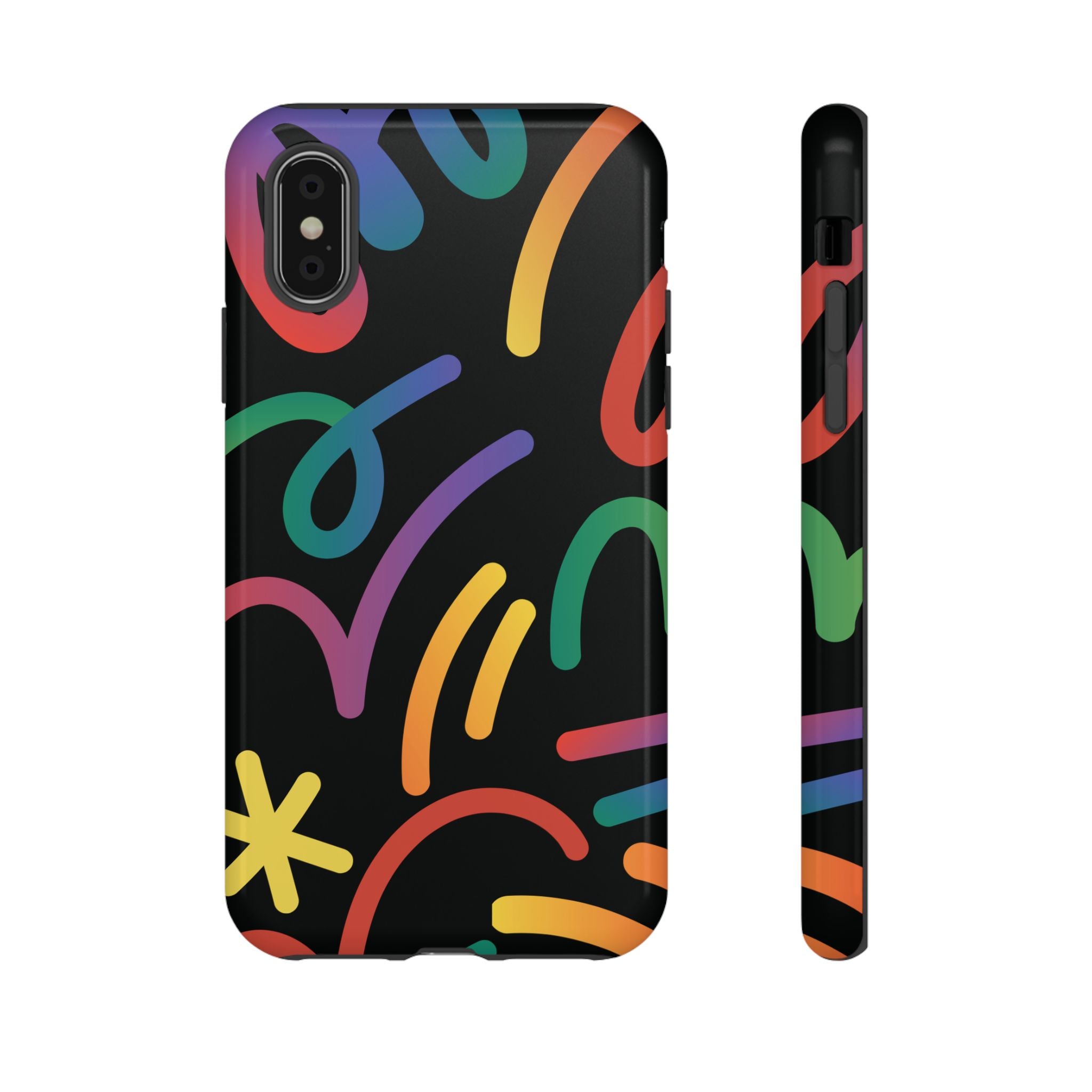 Colorful Doodle Tough Phone Case — Black Background Protective Cover