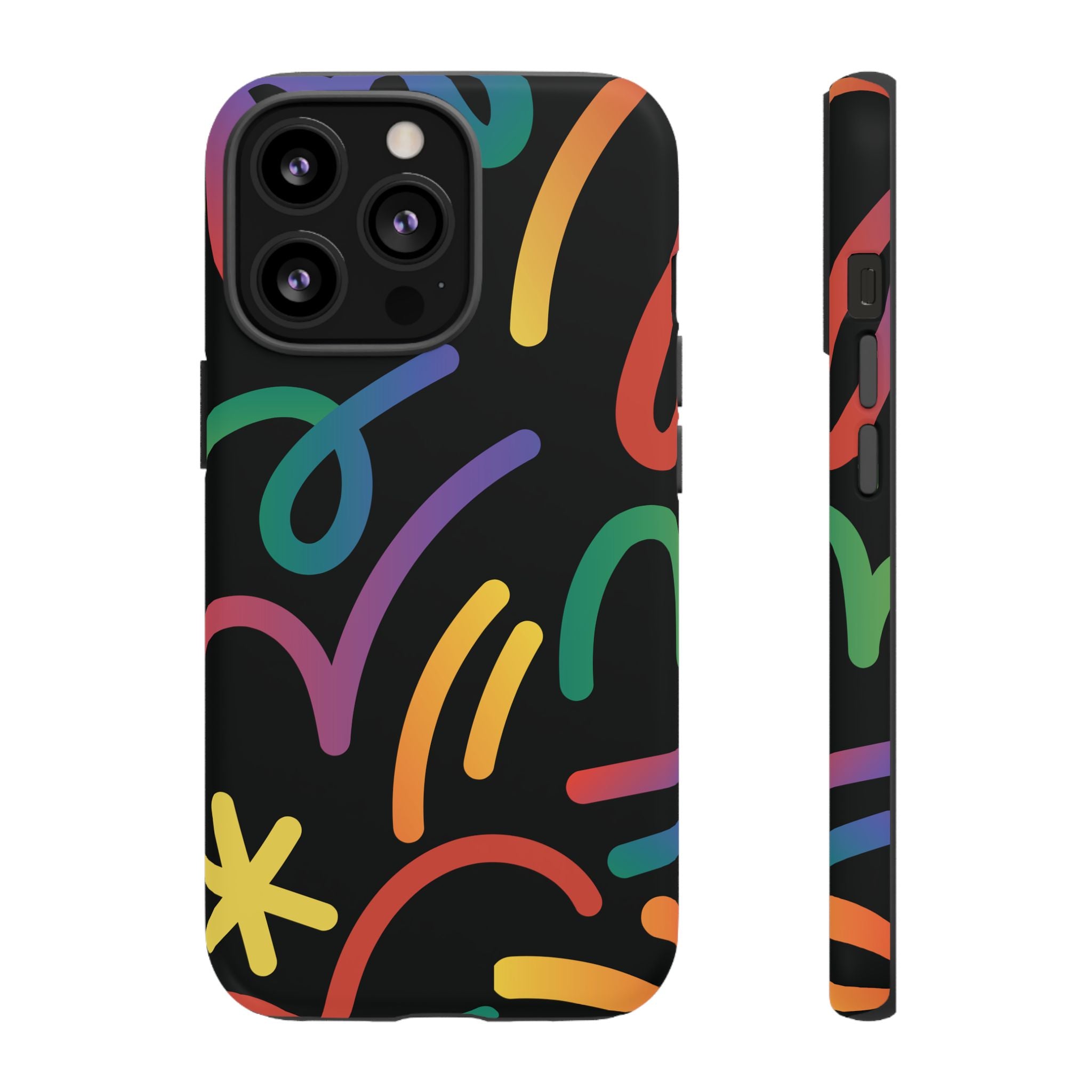 Colorful Doodle Tough Phone Case — Black Background Protective Cover