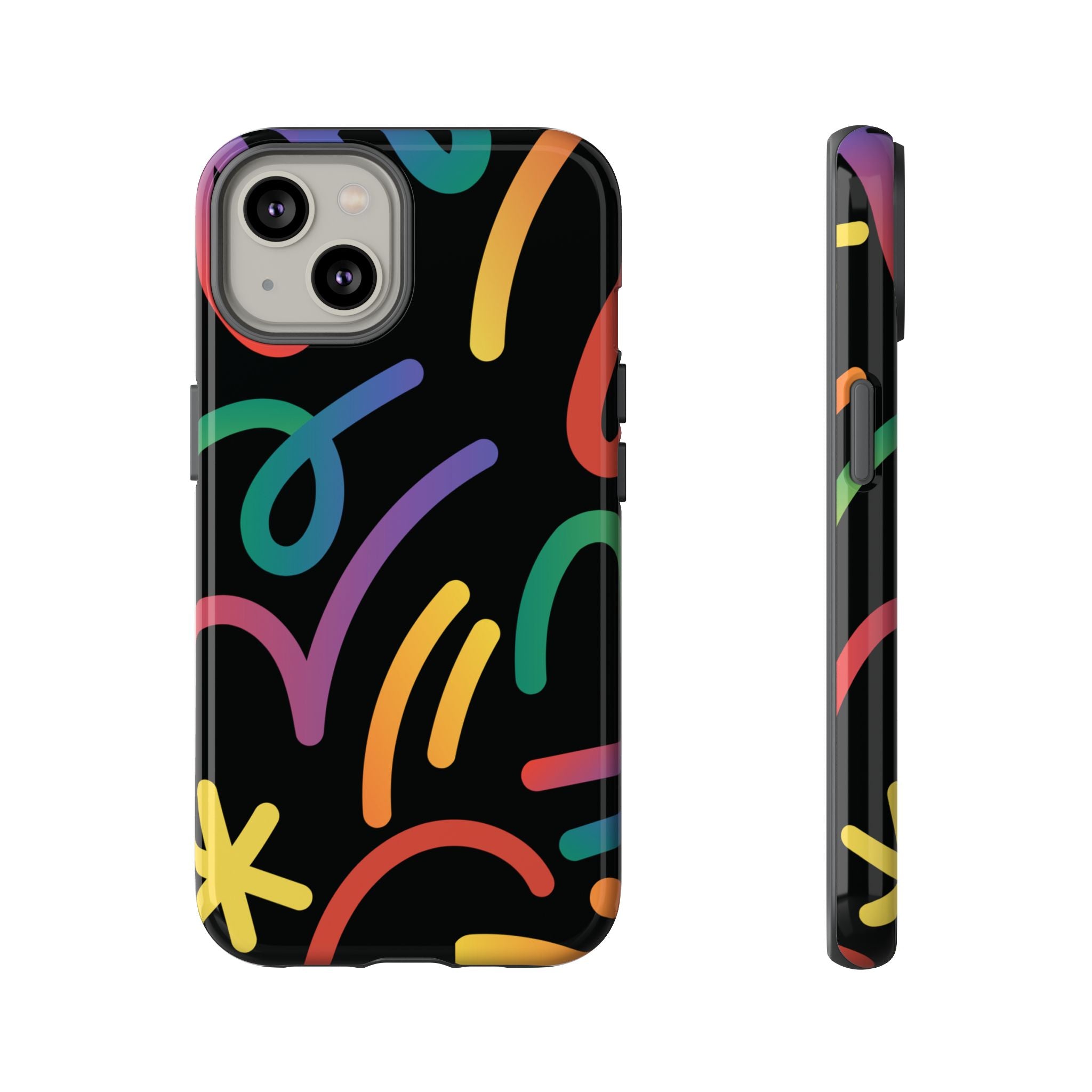 Colorful Doodle Tough Phone Case — Black Background Protective Cover