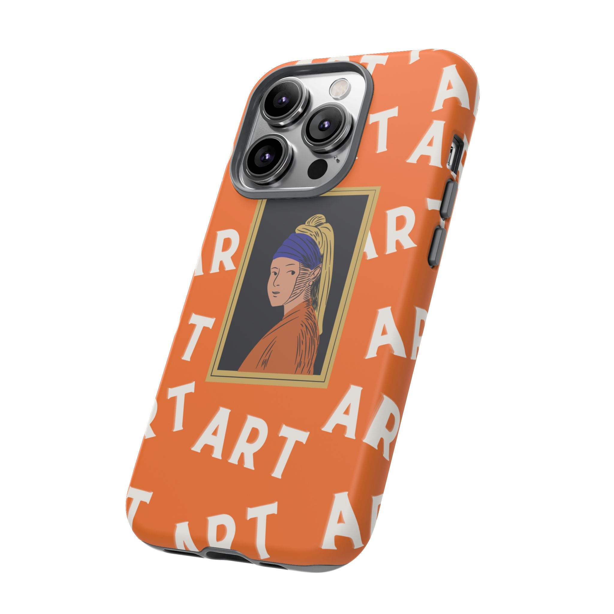 Bold Orange "ART" Pattern with Framed Girl with Pearl Earring Illustration