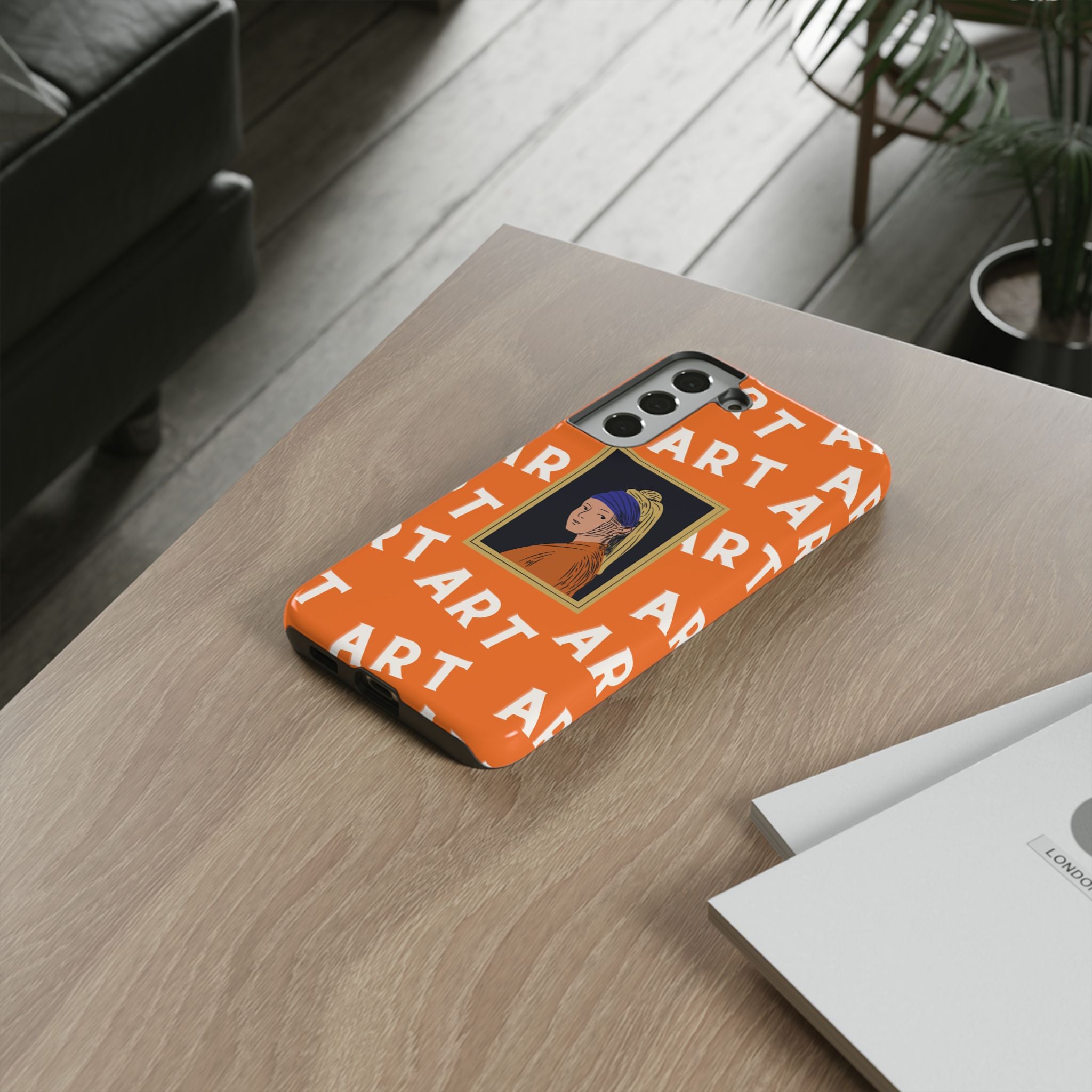 Bold Orange "ART" Pattern with Framed Girl with Pearl Earring Illustration