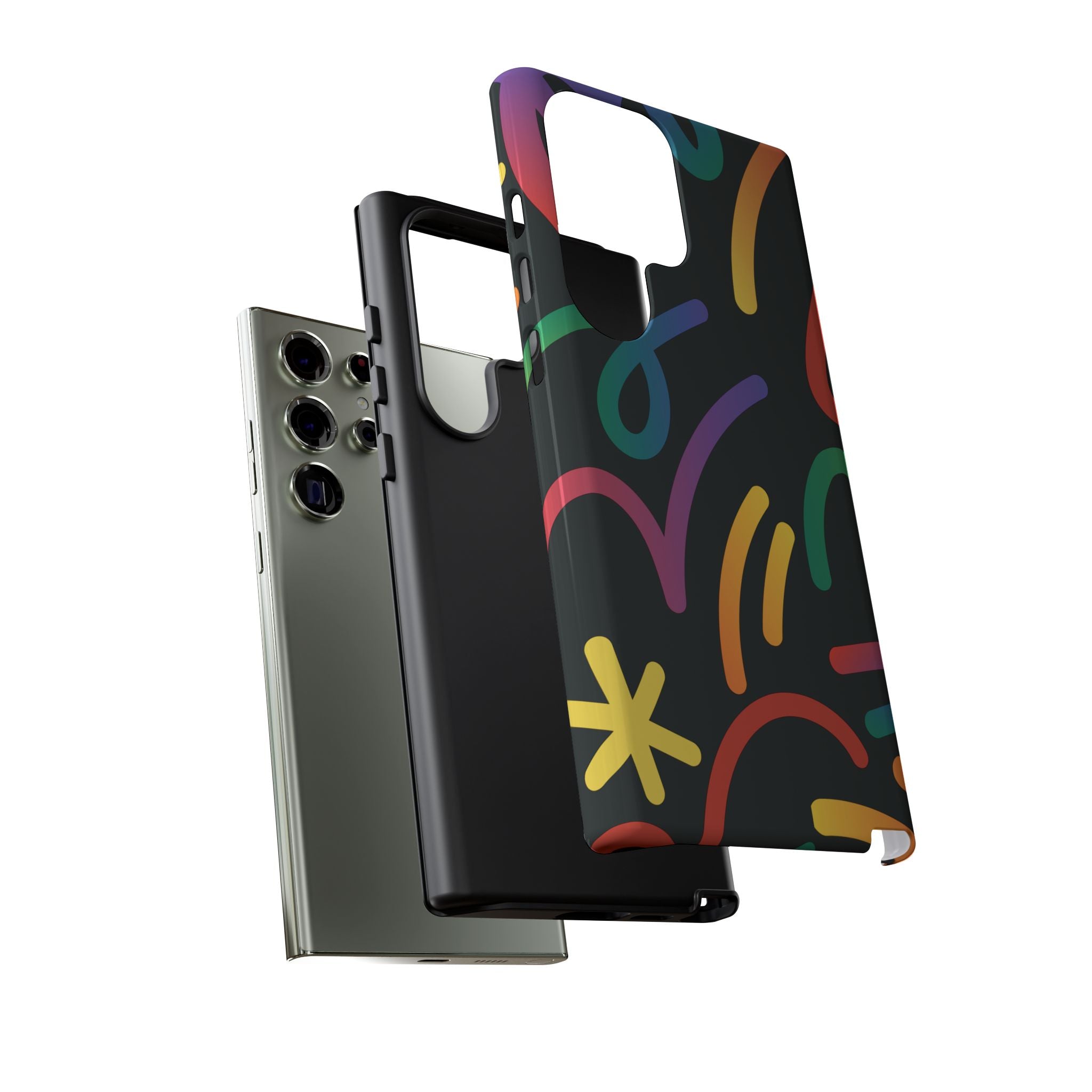 Colorful Doodle Tough Phone Case — Black Background Protective Cover