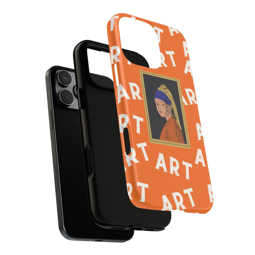 Bold Orange "ART" Pattern with Framed Girl with Pearl Earring Illustration