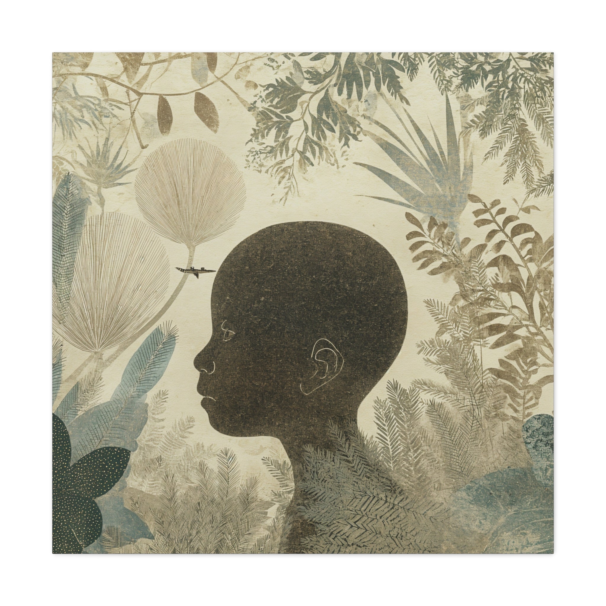 Matte Canvas Art – Silhouette Child in Botanical Dream (Stretched)