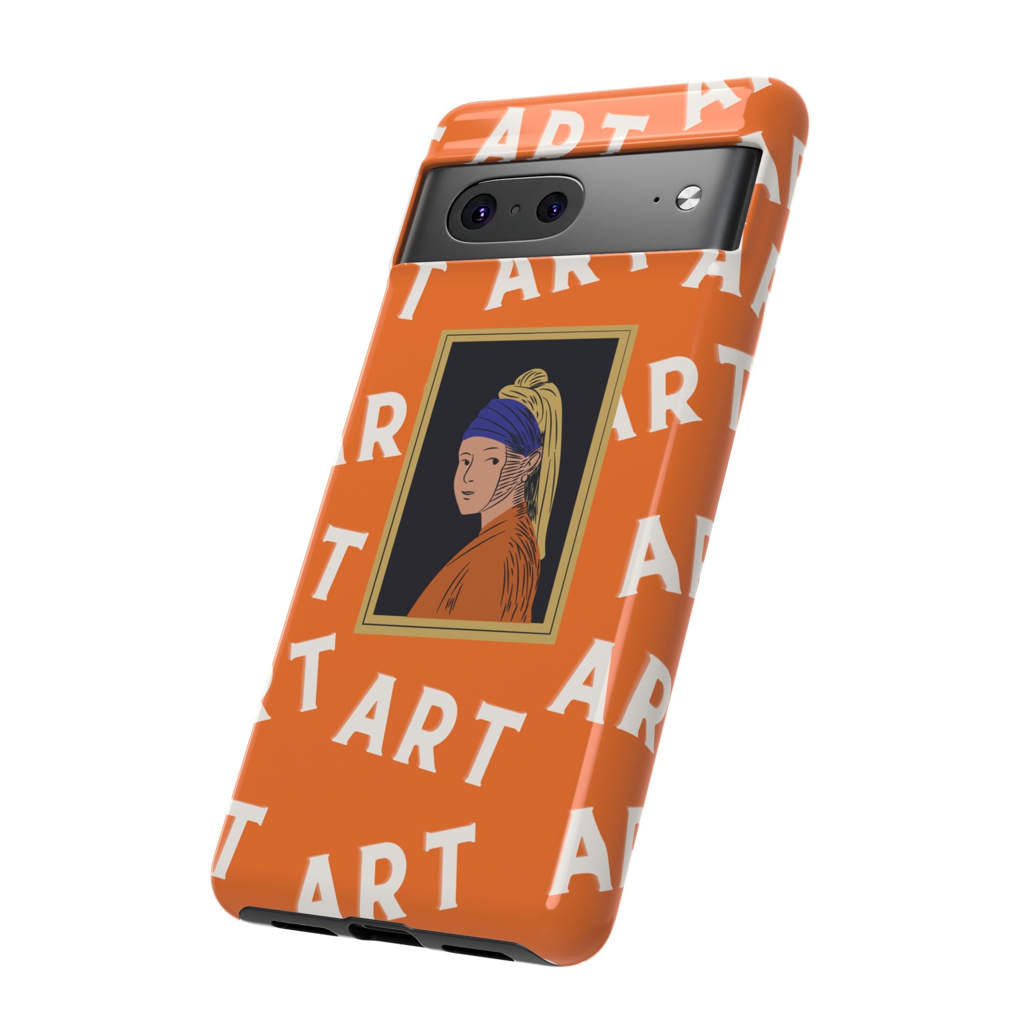 Bold Orange "ART" Pattern with Framed Girl with Pearl Earring Illustration