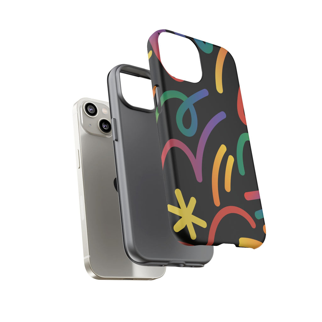 Colorful Doodle Tough Phone Case — Black Background Protective Cover