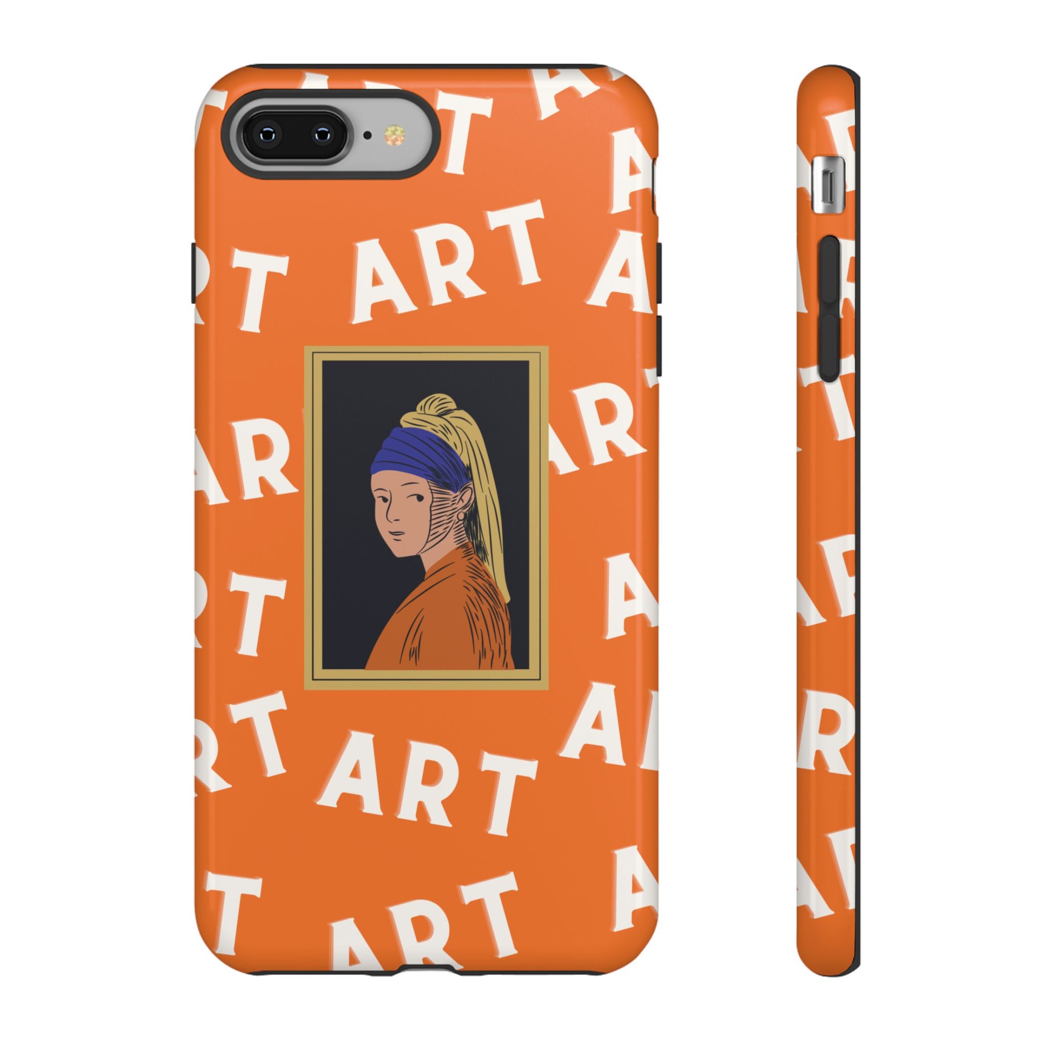 Bold Orange "ART" Pattern with Framed Girl with Pearl Earring Illustration