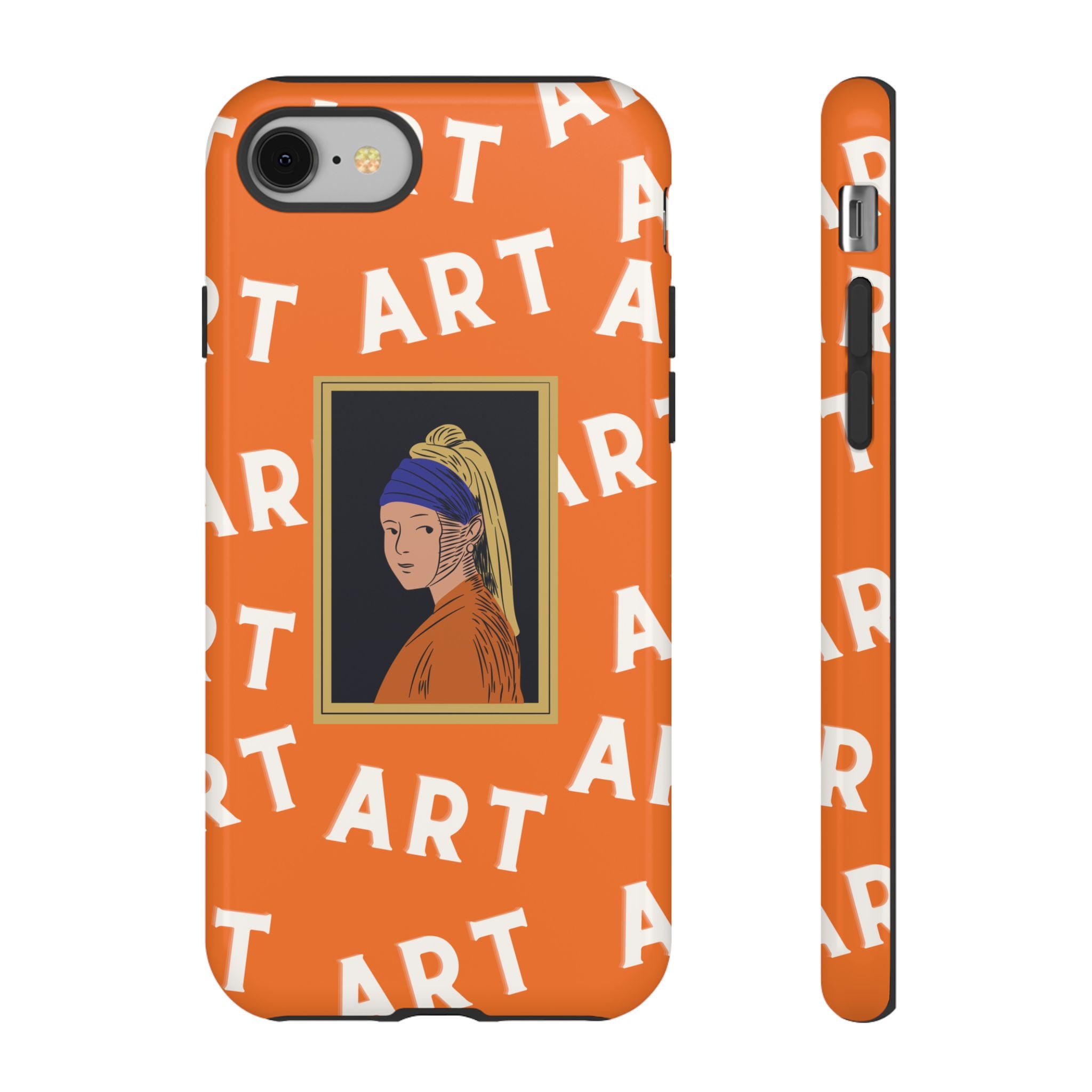 Bold Orange "ART" Pattern with Framed Girl with Pearl Earring Illustration