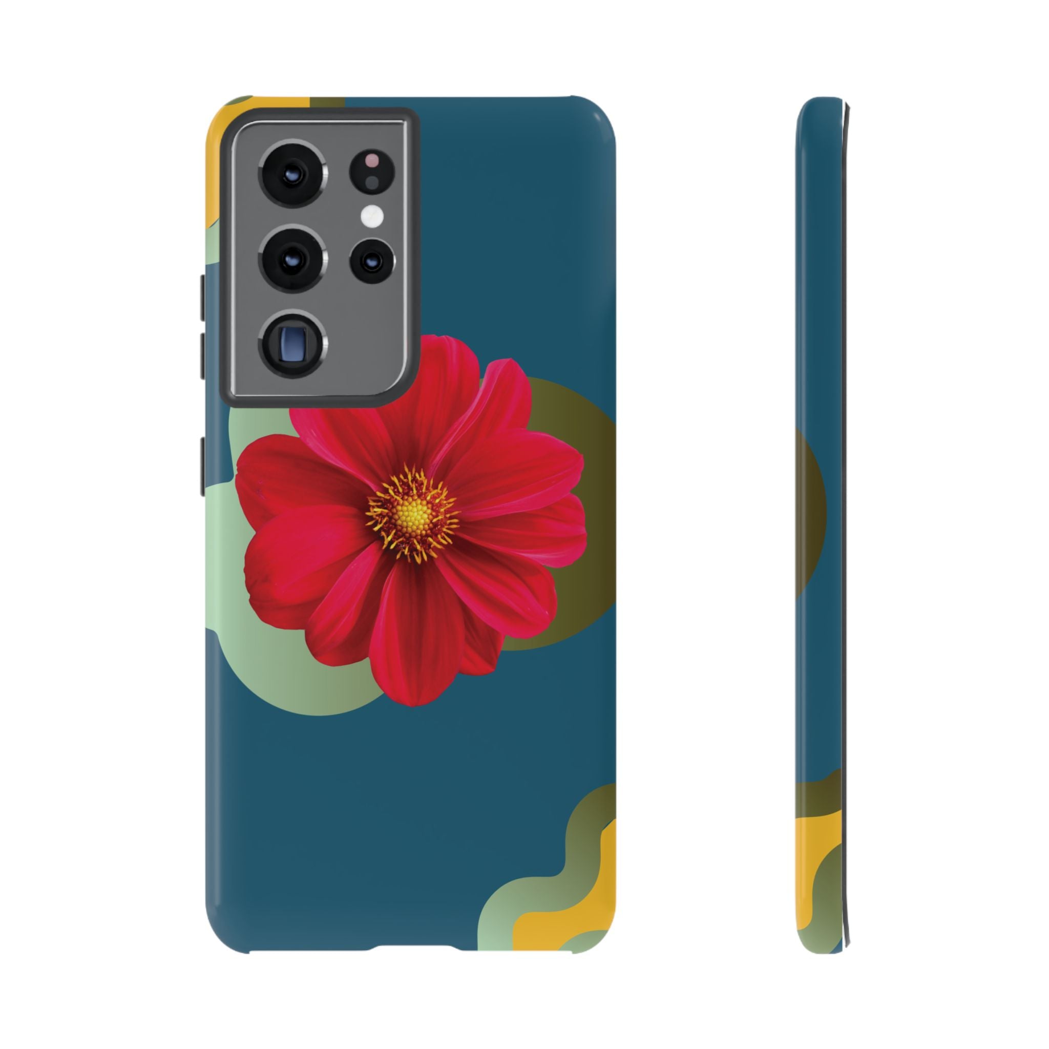 Floral Burst Tough Phone Case — Red Flower on Teal Protective Cover